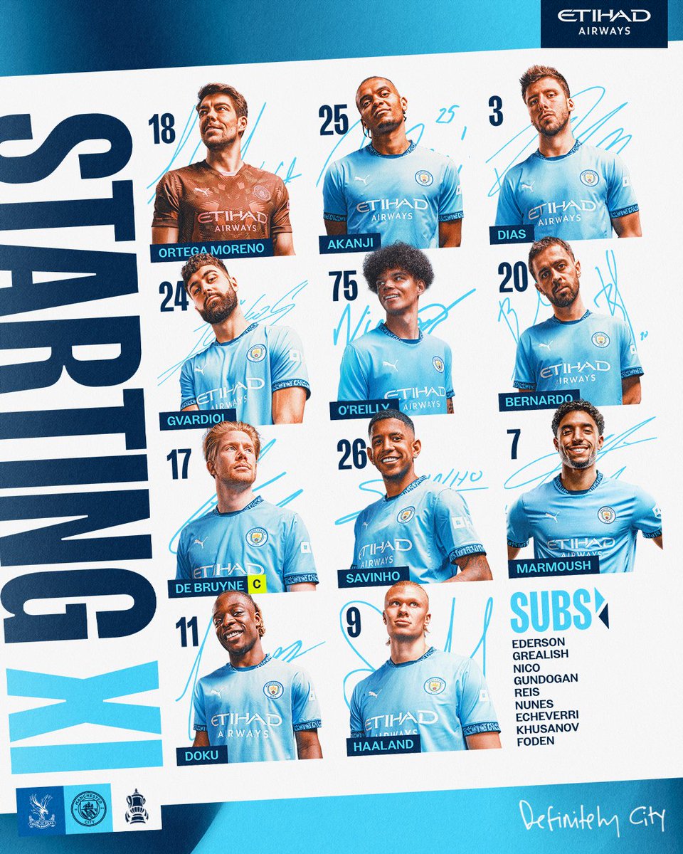 Manchester City (@mancity) on Twitter photo Your #FACup final City line-up ๐ฉต
XI | Ortega Moreno, Akanji, Dias, Gvardiol, O'Reilly, Bernardo, De Bruyne (C), Savinho, Marmoush, Doku, Haaland
SUBS | Ederson, Grealish, Nico, Gundogan, Reis, Nunes, Echeverri, Khusanov, Foden
#ManCity | <a href="/etihad/">Etihad Airways</a> Your #FACup final City line-up ๐ฉต
XI | Ortega Moreno, Akanji, Dias, Gvardiol, O'Reilly, Bernardo, De Bruyne (C), Savinho, Marmoush, Doku, Haaland
SUBS | Ederson, Grealish, Nico, Gundogan, Reis, Nunes, Echeverri, Khusanov, Foden
#ManCity | <a href="/etihad/">Etihad Airways</a>