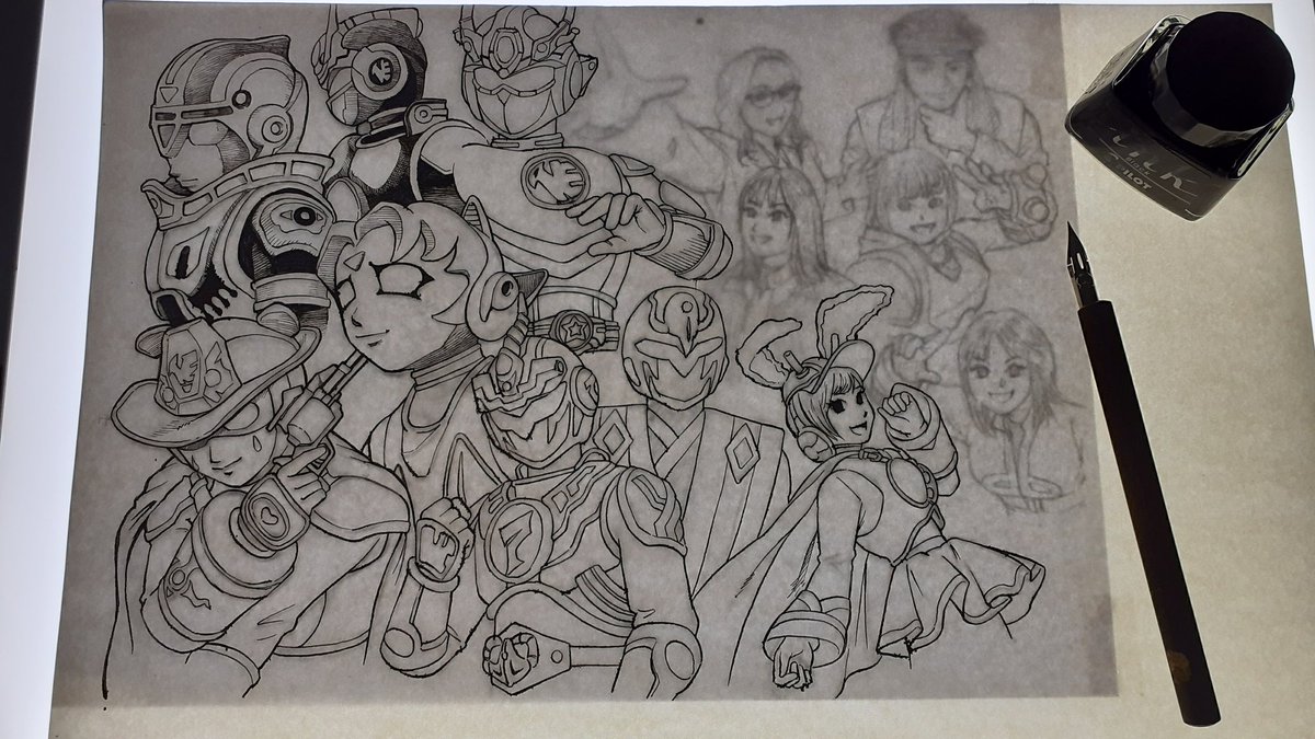 moka_sinami_20's tweet photo. @kyuhn
#越界魔刃ヴォルテックマグナ  FA製作工程です
コピー用紙に鉛筆で下書きをして、トレス台を使ってケント紙にペン入れした後スクリーントーンで完成です。
老眼なのでトレスした線を何度か間違えてホワイト修正しました
元の素敵な特撮ヒーロー作品はツリーにてご確認頂けると嬉しいです。 https://t.co/8qHZxekPfV