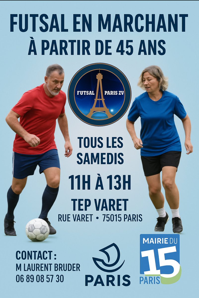 La saison se prépare !
Venez rejoindre le seul et unique Club du 15eme, qui propose du football en Marchant pour les plus de 45 ans 
Nous serons au TEP Varet tous les samedis matin à partir de Septembre !
Inscription au 0689085730
<a href="/mairie15/">Mairie du 15</a>, <a href="/ozlem_orakci/">Ozlem Orakci</a> <a href="/Philippe_Goujon/">Philippe Goujon</a>