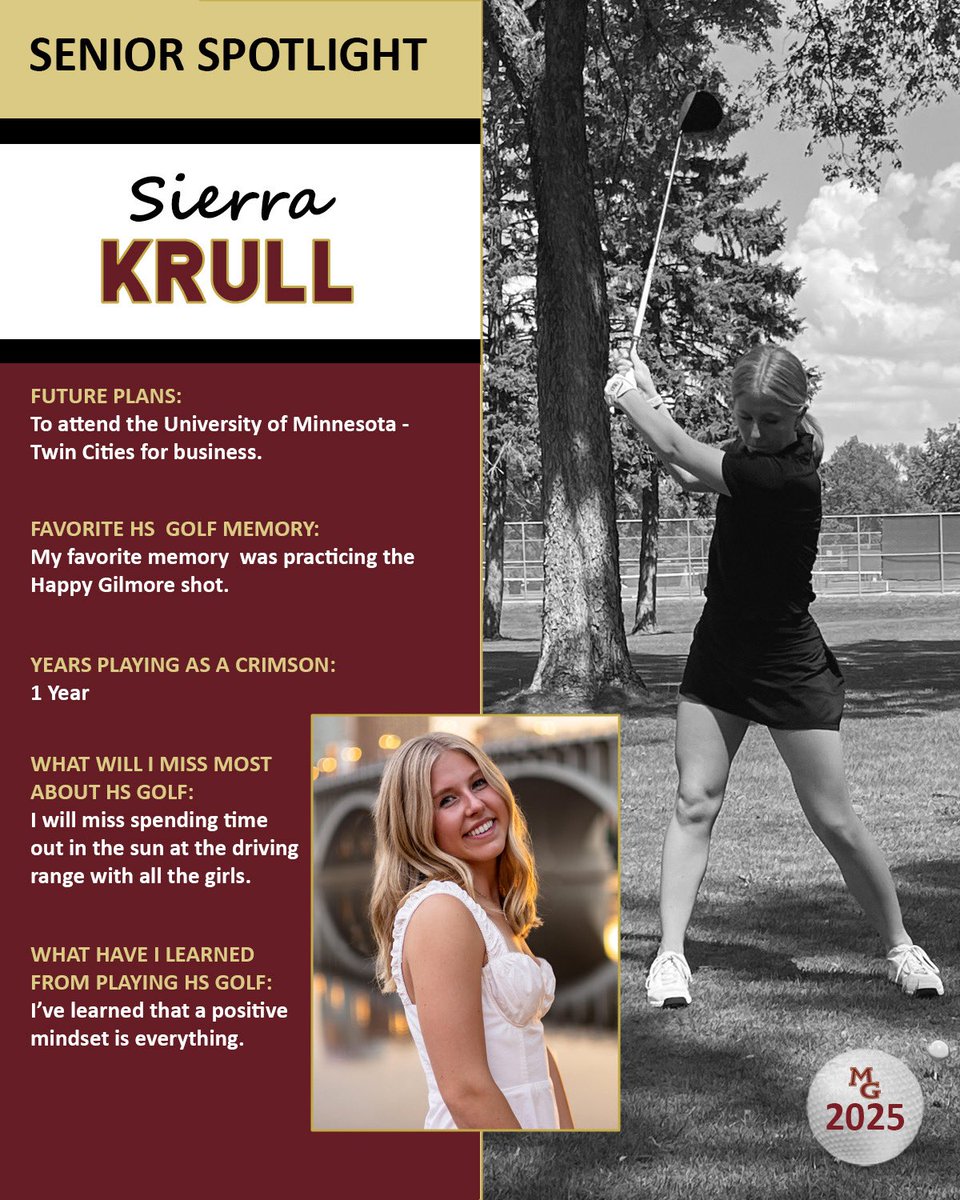 …
🍁SENIOR SPOTLIGHT🍁
This week we are spotlighting our Class of 2025! 
Featuring our first year JV senior 
✨Sierra Krull✨

#feartheleaf #wearecrimson #mggirlsgolf