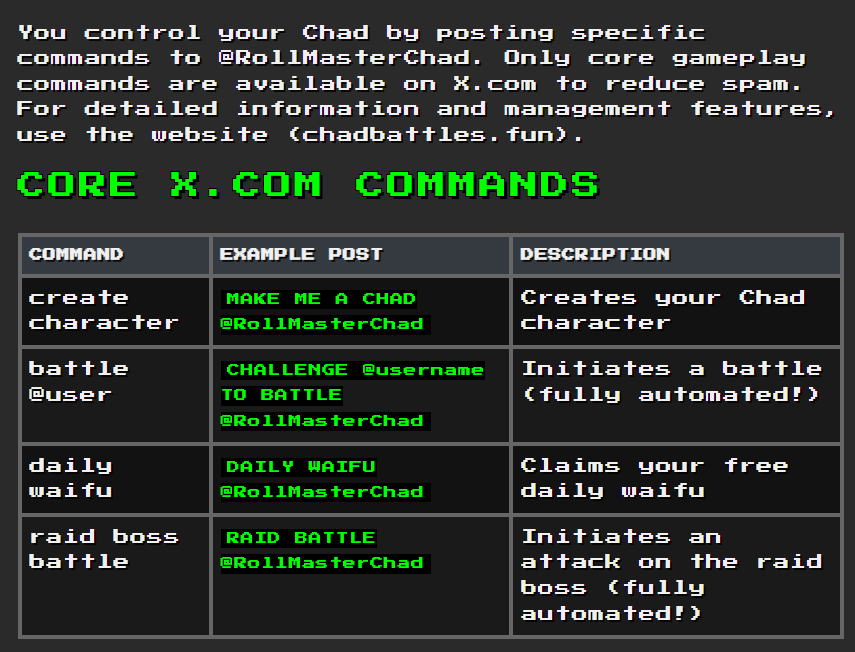 RollMasterChad's tweet photo. HOW TO PLAY CHADBATTLES!

Chad Battles is a free-to-play X.com-based Social RPG where you control a "Chad" character and battle other Chads. The game combines traditional RPG elements with social media integration, allowing you to command your Chad through X posts.  

Chadbattles is currently in Pre-Sigma Release testing, and I appreciate your patience as I work out and remaining issues in our codebase!  Thank you Chad! 

Chadcoin is currently an in-game asset and the TGE will be announced in future updates. Any tokens you see out there currently are not ours.

Creating Your Chad

1) Visit https://t.co/O4PhMDBj8Q and login with X - This creates your account in our database.

2) Create Your Chad: Post "MAKE ME A CHAD @RollMasterChad" or use the in-app creation pop-up to create your post for you! (You still have to post it.  We do not auto-post from your account.)

3) Chad Class Assignment: Our proprietary Persona Engine AI analyzes your X profile to generate a unique Chad character with one of our 16 starter Chad classes!

4) Your Chad starts with basic stats and 1000 Chadcoin to help you on your way to becoming the ULTIMATE CHAD!

GAME COMMANDS

There are 14 available commands to interact with our Oracle Bot, RollMasterChad.  Please see the link below for details on commands, or the attached snips of commands for your convenience. 

https://t.co/An2pl6ARaf

For a detailed breakdown of the game and mechanics, please see https://t.co/Xwx1kENKFa. 

Command Rate Limits

To ensure fair gameplay and system stability, commands are subject to the following rate limits:

Battle Commands: Maximum 4 per day per user
Daily Waifu claims: 1 per 24-hour period
Other commands: Maximum 15 per hour per user

What can I do in ChadBattles?

1) Battle your friends to become the ULTIMATE CHAD!

2) Start and join Cabals! Cabals are 21-member groups which allow for enhanced gameplay.  Appoint officers, battles other Cabals, receive bonuses for gameplay based on strategic decisions!

3) Claim your DAILY WAIFU!   Waifu's are powerful in-game allies which can be claimed and won through various game mechanics.  Remember to favorite one of your Waifus! If you equip a Waifu and lose a battle terribly, well, let's just say, Waifu's don't like losers.  Your opposition might just steal your Waifu from you!  

4) Win equipment, accessories, CHADCOIN, and ingredients to help your CHAD along on your journey! Check out https://t.co/ZkSbpgm98f which has all in game art and assets!  (I'm pretty proud of this, I think I did an awesome job here my Chad. Sound on for the full experience!)

5) Explore our crafting system! Brew powerful Elixirs and cook your CHAD some food to enhance stats!

6) BATTLE RAID BOSSES! Every Wednesday at 4:20 PM UTC a thematic global RAID BOSS will spawn.  You will have 24 hours to join all other Chads in a group battle to take down this powerful enemy and have the chance to win legendary equipment, items, and ingredients! 

7) Level your Chad up to ULTIMATE CHAD LEVEL 69 LFG!

8) Your Chad evolves every 30 days based on your X activity.  My Chad, there's so much more cool and interesting stuff.  You really should read the whitepaper.

Thanks for reading! I hope you have as much fun with your Chad as I did creating it!  <3 @Unc_MattEth 

BE THE CHAD!

Other info:

What is Polling that the bot mention?

X has multiple tiers of API access. The costs are $200/mo for basic access (which allows for periodic checking for mentions, "Polling", which we have set our bot to check once every 69 seconds to avoid being rate limited by the plan/platform. The next available plan is $5,000/month which includes Streaming responses, and will allow the bot to have near instantaneous responses.  This is one of the first updates that will be made as soon as I can afford it.  Give the bot a minute or two.  As long as we still got message runway it will respond!

More CHAD CLASSES coming soon! Let us know what you'd like me to add!

I have about 15k messages /mo for the bot on the basic plan.  If people enjoy this as much as I think they will, the bot will hit it's rate limits very quickly.  I also have about another $500 in expenses for the current database, redis, webservice, and bot service.  I'm currently at about $750/mo cost to bring this game to life. Totally worth it.

The game is already coded for both Solana and EVM for the future blockchain integration of  Chadcoin and NFT game assets.  All chadcoin balances, items, waifus, etc  are coded for this for this future integration. We have not finalized our decision on future chain alignment.  Any partnerships can be directed to Uncle Matt or please see https://t.co/WJJhWBJfNU.

If you would like to donate any funds to help me reach my goal of upgrading the plans for enhanced gameplay (~$7,500 per month).  Consideration will be given for donations to any possible future airdrops.  Send from a named wallet or contact me beforehand, and I will add you to the Sigma Chadbattles GC.

Donation addresses:

Solana: 
CyMubCiSr5iYZR48nJHRhF1dkggN5fbuoRzWrK5pex2a

Eth/EVM: 
0xf93E1c2c399FF1B4C4d7e388BC39f7536855f834