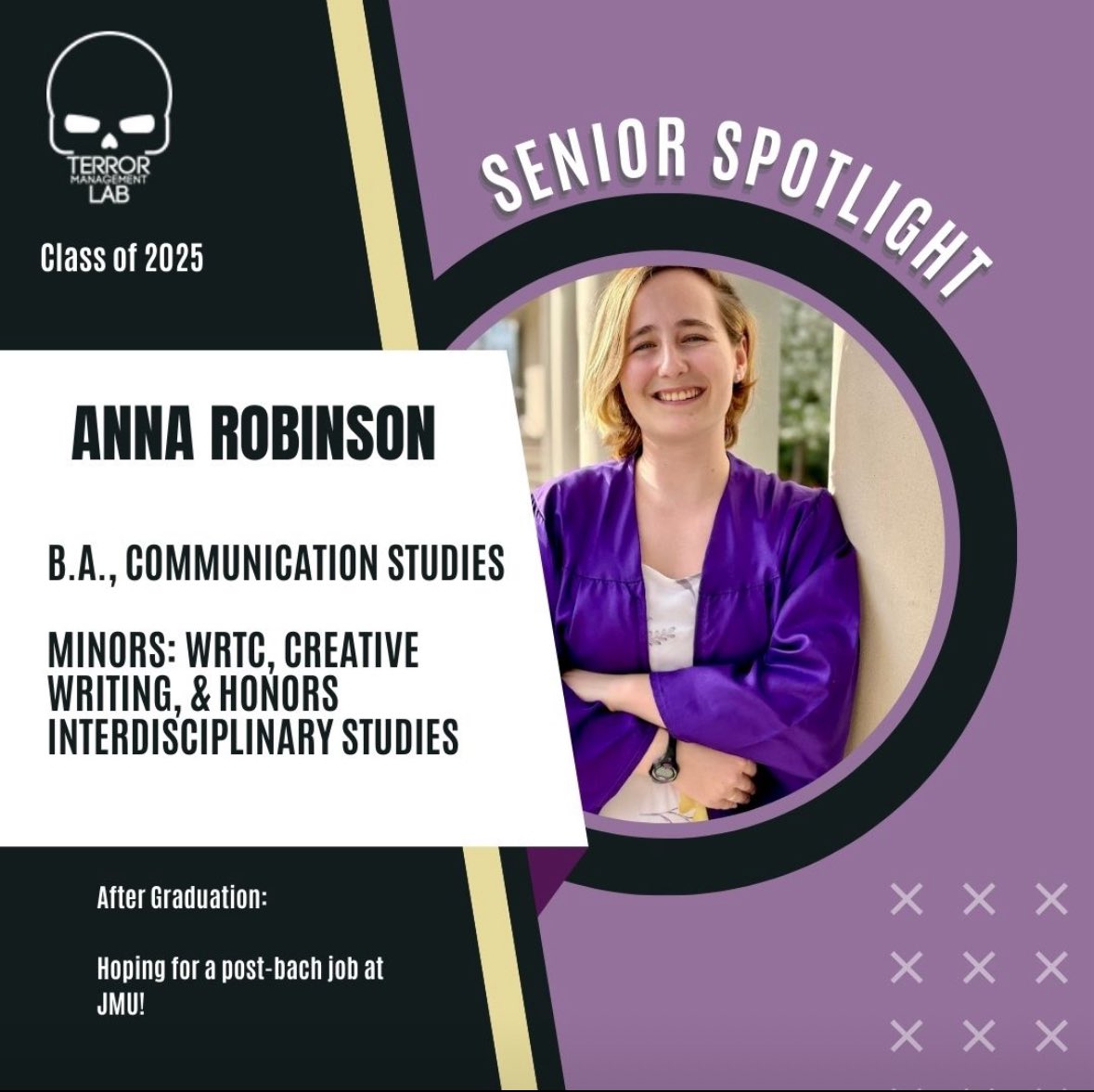Happy Graduation to Anna Robinson! She is receiving a B.A. in Communication Studies w/Minors in Creative Writing, &amp; Interdisciplinary Studies. And, the Outstanding Student of the Year award from the School of Communication Studies. <a href="/JMUHonors/">JMU Honors Program</a> <a href="/JMUSCOM/">JMU Comm Studies</a> <a href="/JMUCAL/">JMU College of Arts & Letters</a>