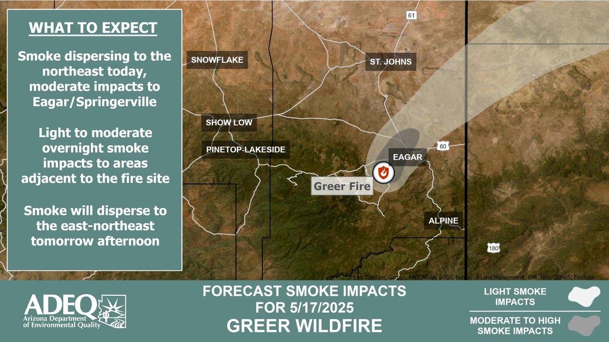 ArizonaDEQ's tweet photo. 🚨ADEQ has UPDATED the #GreerFire Wildfire Smoke Forecast.
See how #smoke is affecting your local community: #Eagar #Springerville #StJohns🔥
Learn More ➡️ https://t.co/RKW6bzLmKm
#AZFire #AZWildfire https://t.co/MRZcOeF24t