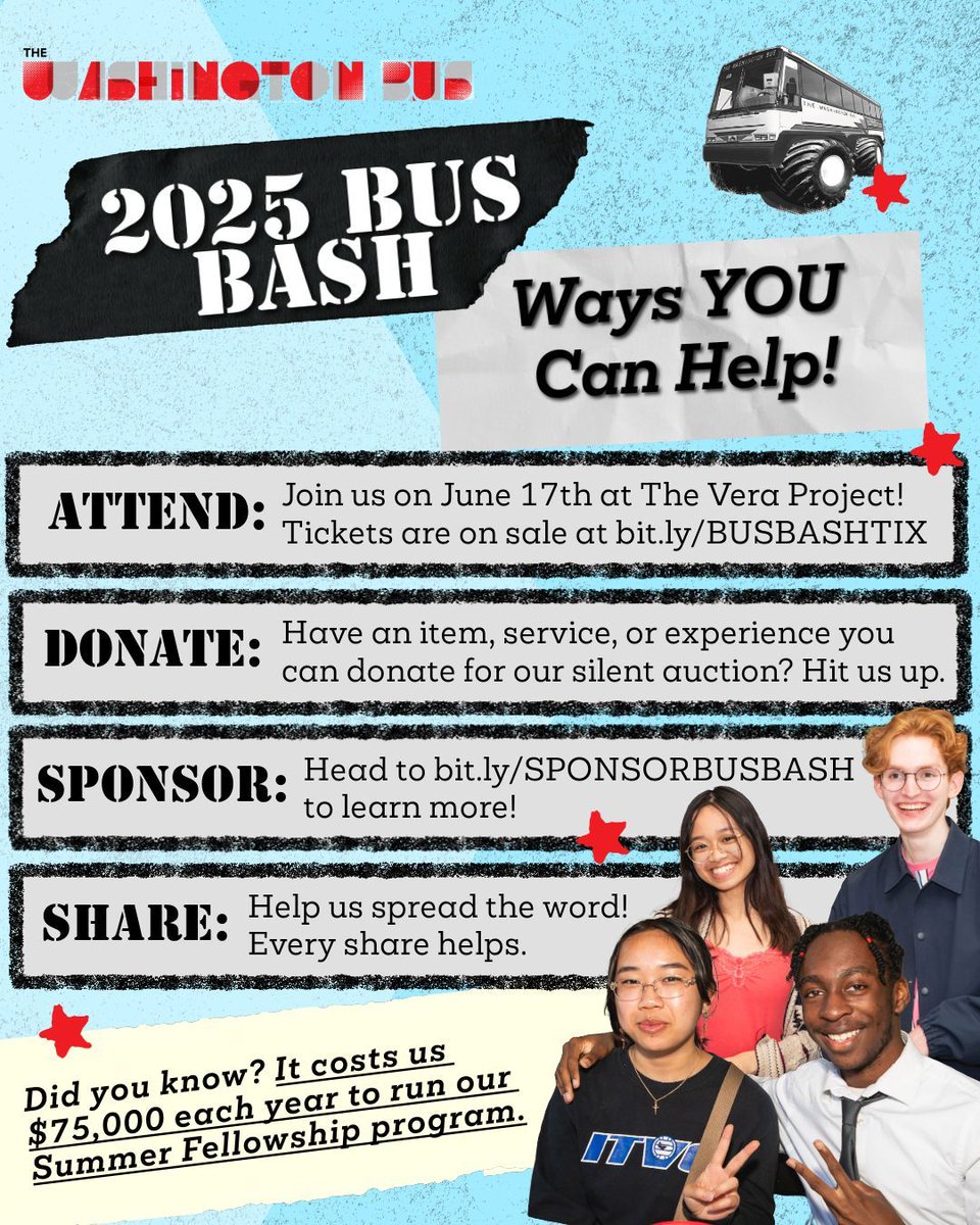 WashingtonBus's tweet image. DID YOU KNOW? It costs $75,000 to run our summer fellowship program! 😱 That's why we need your help to make Bus Bash a success! Choose your own adventure and help us raise these critical funds on June 17th!
⚡ ATTEND
⚡ DONATE
⚡ SPONSOR
⚡ SHARE
bit.ly/BUSBASHTIX