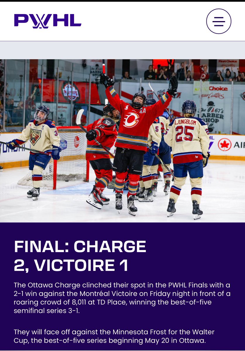 Congratulations <a href="/MannonMcMahon/">Mannon McMahon</a> &amp; the <a href="/PWHL_Ottawa/">x - Ottawa Charge</a> on their 2-1 Win Last Night to advance to the <a href="/thepwhlofficial/">PWHL</a> Walter Cup Finals vs <a href="/PWHL_Minnesota/">x - Minnesota Frost</a>  #SoHappyForYou #AlwaysaCrimson <a href="/MG_Girls_Hockey/">Crimson Girls Hockey Booster</a> <a href="/MGActivities/">Crimson Activities</a> <a href="/CCXSports/">CCX Sports</a> <a href="/OMGHA2k/">Osseo Maple Grove Hockey</a>