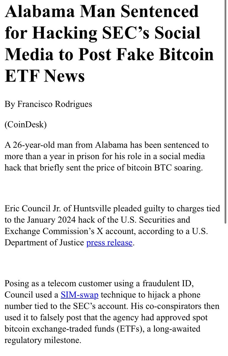 EricBalchunas's tweet photo. 14mo in prison for the 26yr old guy who hacked the SEC’s X account one day bf ETF approval. What a crazy few days that was, like riding a roller coaster. https://t.co/G2fHFldP2E