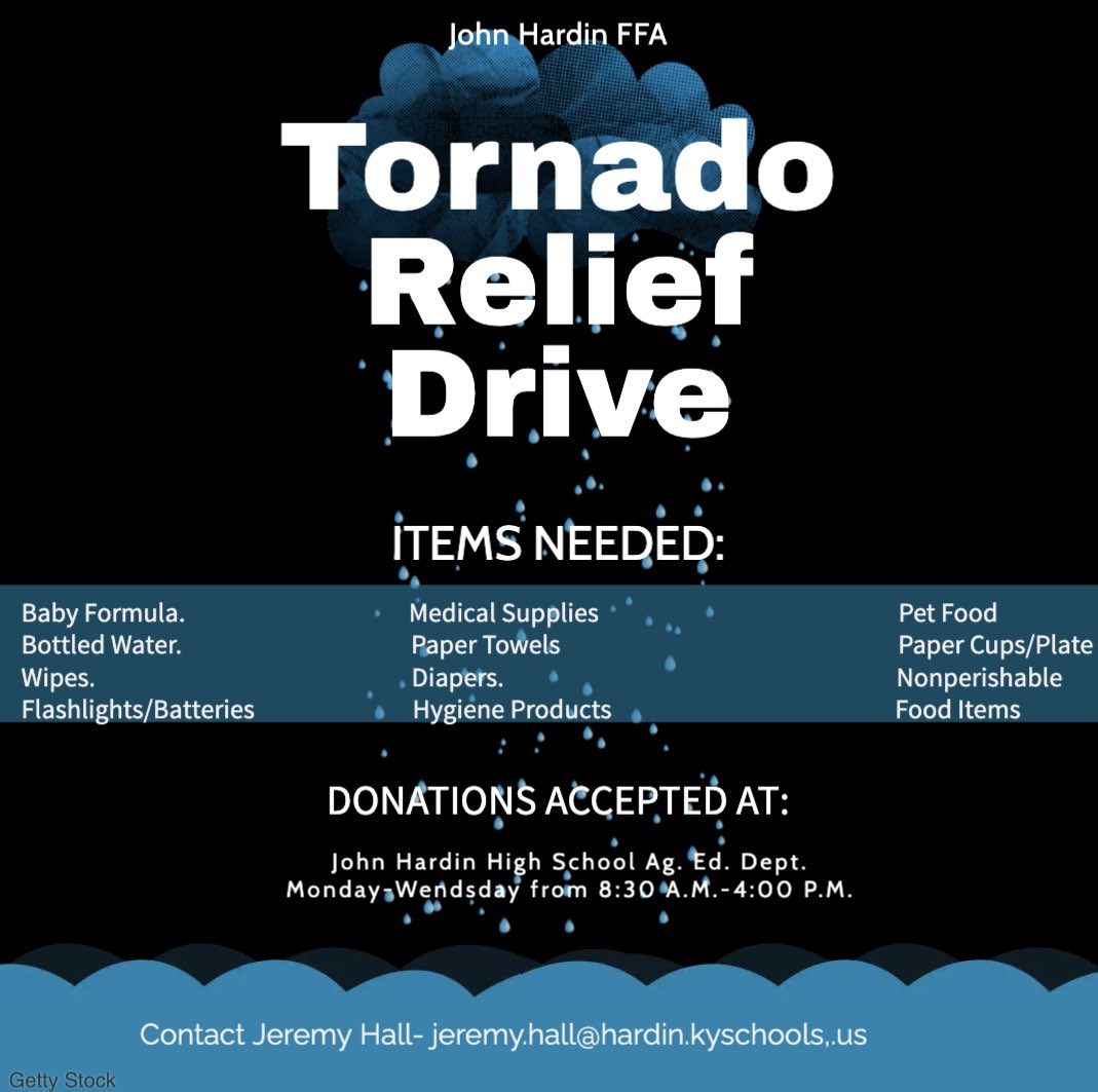 Please feel free to share this. We are hurting for our fellow Kentuckians who are experiencing this awful disaster and we want to help. Donations can be dropped off at school Monday-Wednesday from 8:30-3:30. <a href="/gojohnhardin/">John Hardin H.S.</a> <a href="/HardinCoSchools/">Hardin County Schools - Kentucky</a>
