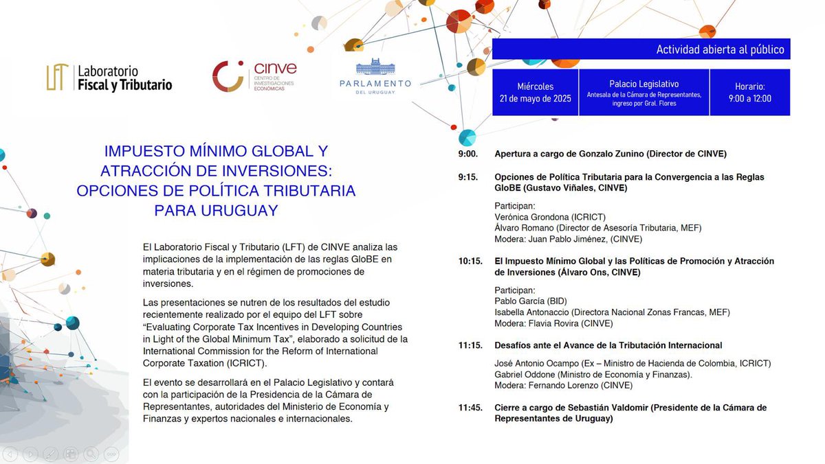 LFTcinve's tweet photo. Impuesto Mínimo Global y Atracción de Inversiones. Opciones de política tributaria para Uruguay.
Organiza Laboratorio Fiscal y Tributario de CINVE. Palacio Legislativo. 21 de mayo 2025, hora 9 am. https://t.co/kyN5IKfDrl