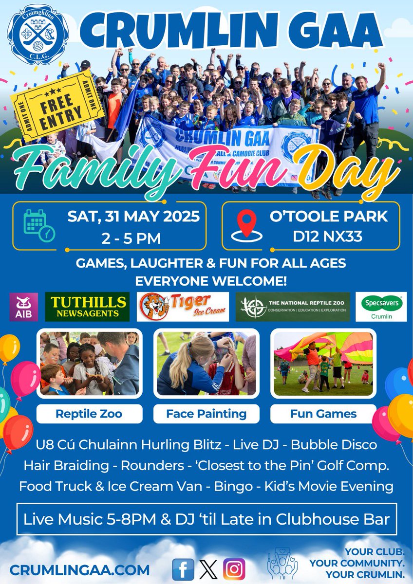 🔵⚪️*Save the Date - Family Fun Day - SAT 31st May *🔵⚪️

Crumlin GAA are delighted to announce the return of our Family Fun Day after its amazing success last year

There will be something to suit every age! More info: crumlingaa.com

#crumlingaa #crumlin #gaa