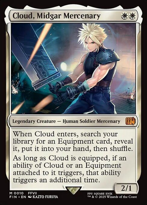kurohitsuki's tweet photo. They really did a cool job in making the #Bustersword work really interestingly with each #Cloud!

Double Triggers, Double Strike, Tutor and Equip. The sword is LOOKING for Cloud and I love that!

 #MTG #MTGCommander #MTGCommunity #Finalfantasy https://t.co/KV953oTAxm
