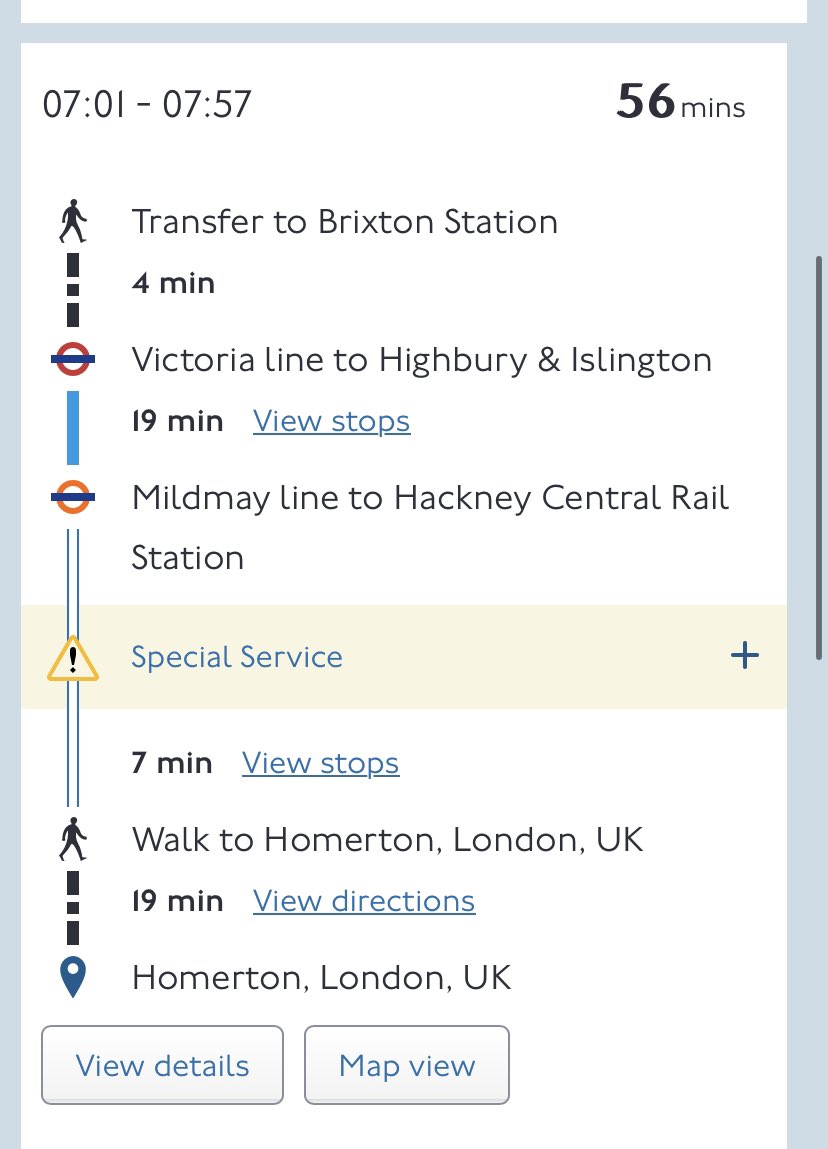 laurell46's tweet photo. @TfL Are you sure ? Why is it telling me to get off at Hackney Central then and walk to Homerton? https://t.co/In0RVLYb6U