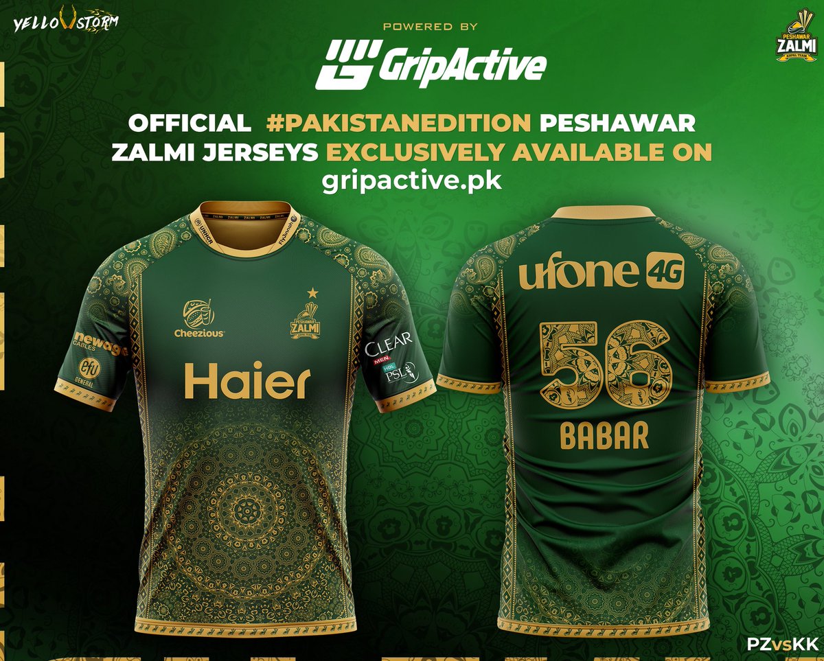 PeshawarZalmi's tweet photo. To the brave hearts of the Armed Forces of Pakistan 🇵🇰,  your courage inspires every game, every run, every victory 💪🏻

Get your #ZalmiXLegacy #PakistanEdition jersey and stand with our heroes. 💚

Shop Now: https://t.co/lhqFBHJKrk

#Zalmi #YellowStorm #HBLPSLX #GripActiveXZalmi #PZvKK