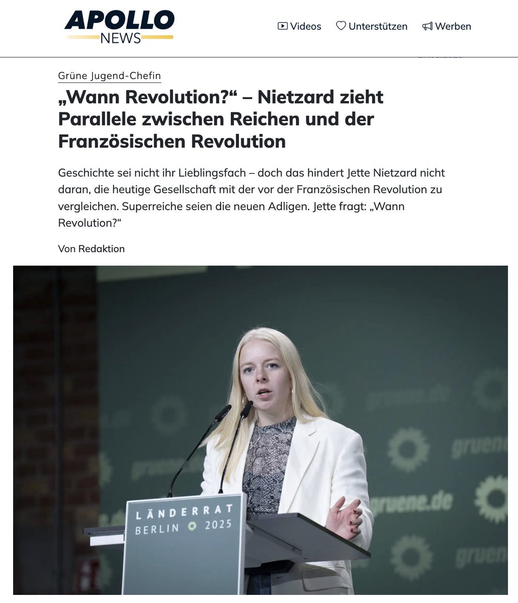 Jette entdeckt die Französische Revolution – und zieht Parallelen. Die heutigen „Superreichen“ hätten die Adeligen ersetzt. Also: „Wann Revolution?“ 

Wurden ja nur etwa 17.000 Menschen per Guillotine hingerichtet. Wusste sie bestimmt nicht...
apollo-news.net/wann-revolutio…