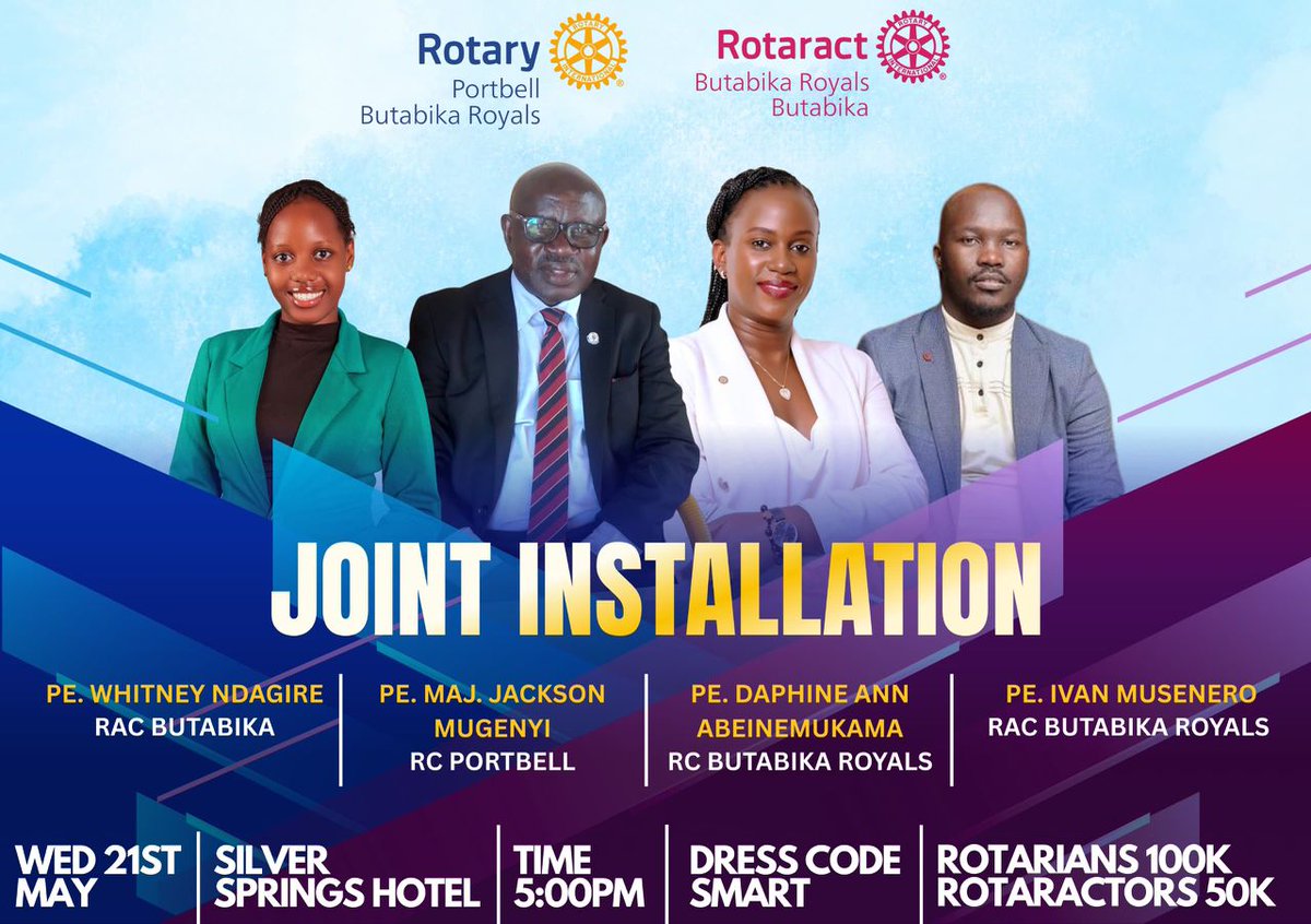 Rotary Club of Port Bell (@rcportbell) on Twitter photo SPINNING A WEB OF GOOD
"When spiders unite, they can tie up a lion!" Join the party at the Joint Presidential Installation of:
<a href="/RCPortBell/">Rotary Club of Port Bell</a>
<a href="/ButabikaRoyals/">Rotary Club of Butabika Royals</a>
<a href="/butabikarct/">Rotaract club of Butabika</a>
<a href="/RButabikaRoyals/">Rotaract Club of Butabika Royals</a>
📅 Wed 21 May 2025
⏲️ 5:00 PM
📍 Silver Springs Hotel
Let's UNITE FOR GOOD! SPINNING A WEB OF GOOD
"When spiders unite, they can tie up a lion!" Join the party at the Joint Presidential Installation of:
<a href="/RCPortBell/">Rotary Club of Port Bell</a>
<a href="/ButabikaRoyals/">Rotary Club of Butabika Royals</a>
<a href="/butabikarct/">Rotaract club of Butabika</a>
<a href="/RButabikaRoyals/">Rotaract Club of Butabika Royals</a>
📅 Wed 21 May 2025
⏲️ 5:00 PM
📍 Silver Springs Hotel
Let's UNITE FOR GOOD!