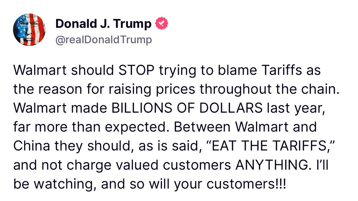 🚨 BREAKING: Trump scorches Walmart for blaming tariffs for their price hikes
