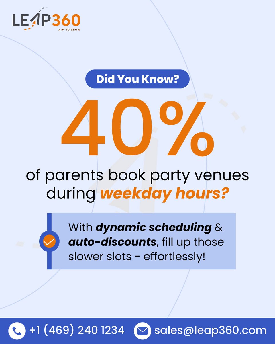 Leap360CRM's tweet image. With LEAP360’s #dynamicscheduling, #autodiscounts, and #realtime calendar - easily fill up the slower #weekdayslots without manual effort.
Book demo - leap360.com/demo
#weekdaybookings #fieldtripsoftware #maximizebookings #businessautomation #playareasoftware #LEAP360