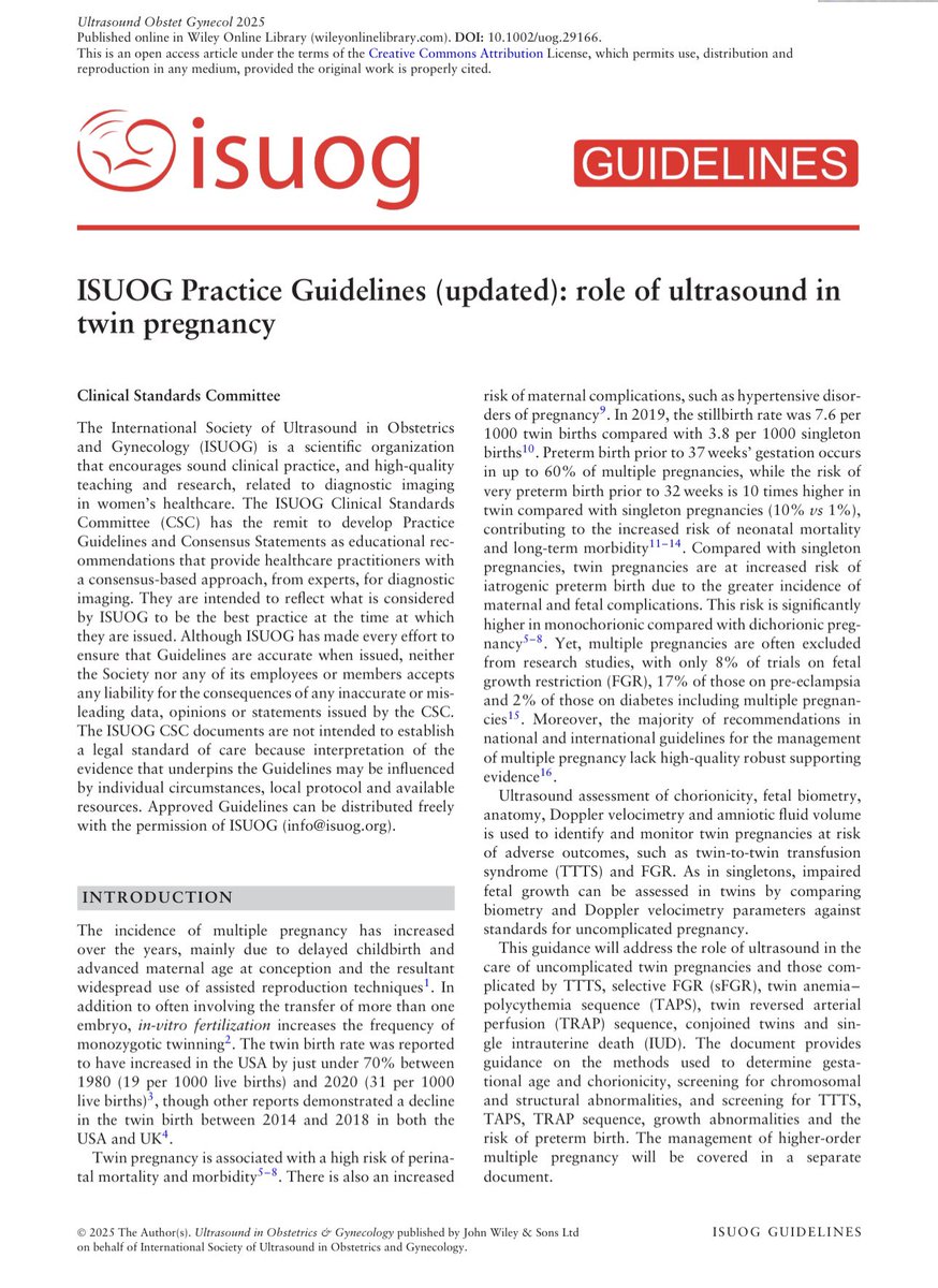 JezidMiranda's tweet photo. The new @ISUOG 2025 Twin Pregnancy Guidelines are a much-needed update in a field where practice often outpaces protocol. 

Clear, evidence-based, and globally relevant-an essential step toward improving outcomes in twin gestations. 

👏 Thanks to the authors and contributors. https://t.co/MctGB4grv1
