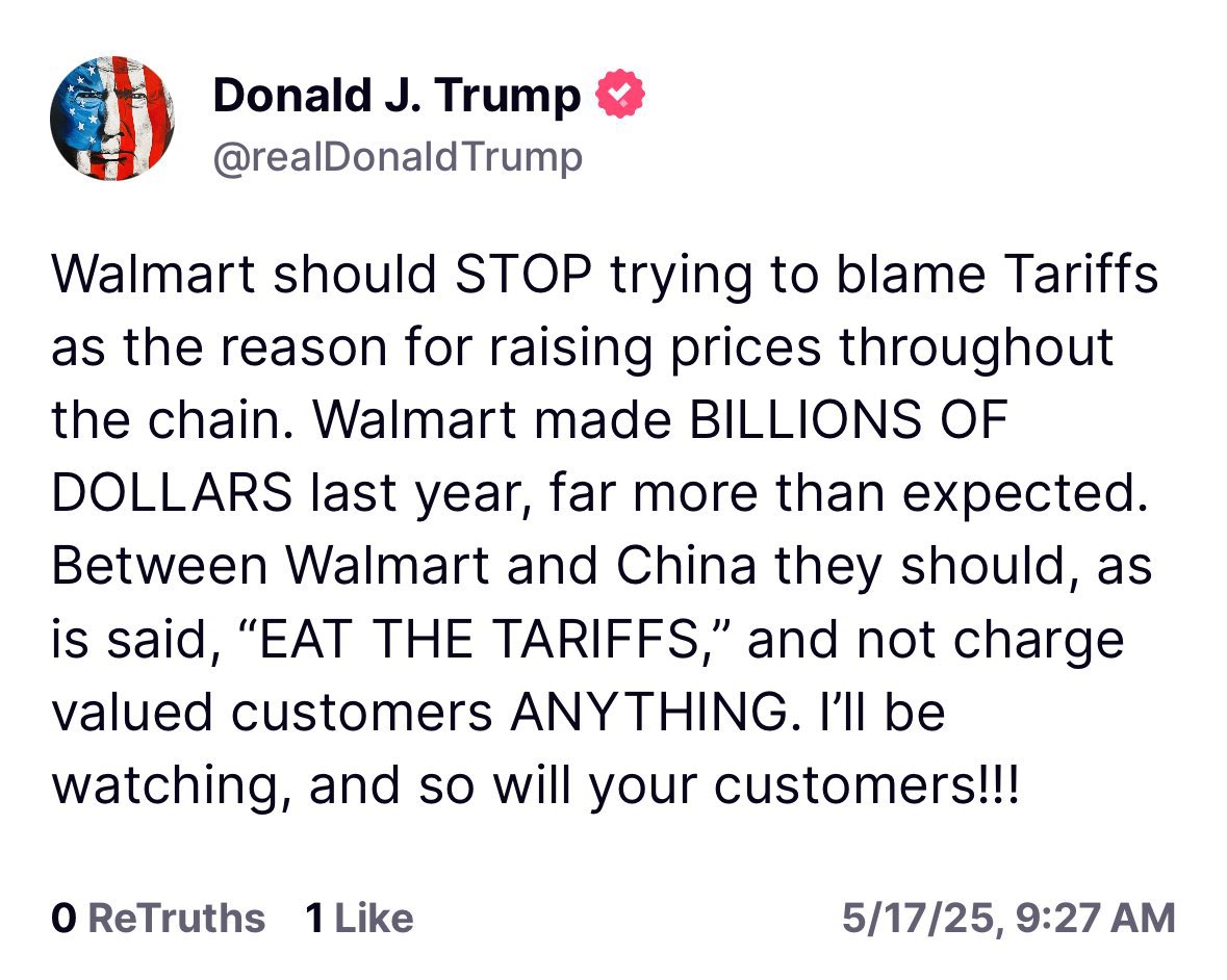 pitdesi's tweet photo. Walmart profit margin is 2.85%.

Tariffs on China are now at 30%. Walmart could not possibly “eat the tariffs” and stay in business, even if the Chinese suppliers ate the majority of it.

It’s a tax on consumers https://t.co/25Q1oDrz6O