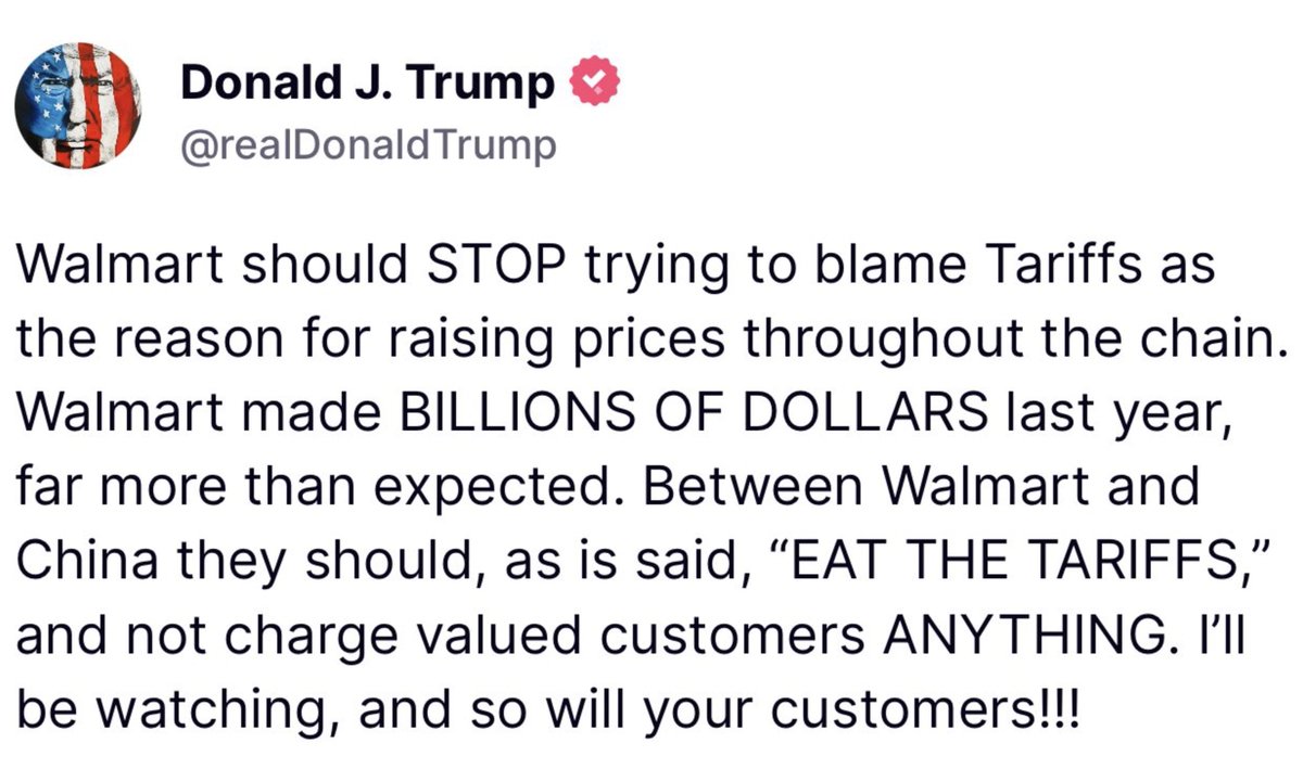 krassenstein's tweet image. BREAKING: Trump slapped tariffs on Walmart and is now demanding the company “EAT THE TARIFFS”—then closed his post with a thinly veiled threat.
Remind me: where’s that “free-market, anti-communist” MAGA choir when the bully is their own guy?