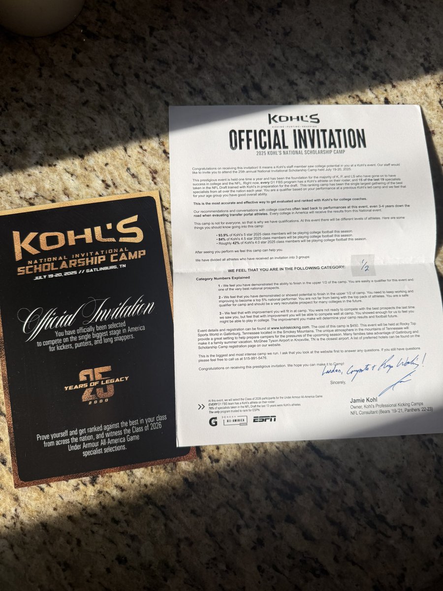 Landon Mohr (2027) (@landon_mohr27) on Twitter photo Thank you so much <a href="/KohlsKicking/">Kohl's Kicking Camps</a> for the National Scholarship Camp Invite! Can’t wait to compete in Gatlinburg.
<a href="/LSHS_FBRecruits/">Lone Star HS Football Recruiting</a> <a href="/drkharp/">Kelly Withee Harper</a> <a href="/CoachJRayburn/">Jeff Rayburn</a> <a href="/ChrisMassaro58/">Chris Massaro</a> <a href="/Brett_Gilchrist/">Brett Gilchrist</a> <a href="/KickExposure/">Kicking Exposure by Scott Blanton</a> <a href="/HKA_Tanalski/">Adam</a> Thank you so much <a href="/KohlsKicking/">Kohl's Kicking Camps</a> for the National Scholarship Camp Invite! Can’t wait to compete in Gatlinburg.
<a href="/LSHS_FBRecruits/">Lone Star HS Football Recruiting</a> <a href="/drkharp/">Kelly Withee Harper</a> <a href="/CoachJRayburn/">Jeff Rayburn</a> <a href="/ChrisMassaro58/">Chris Massaro</a> <a href="/Brett_Gilchrist/">Brett Gilchrist</a> <a href="/KickExposure/">Kicking Exposure by Scott Blanton</a> <a href="/HKA_Tanalski/">Adam</a>