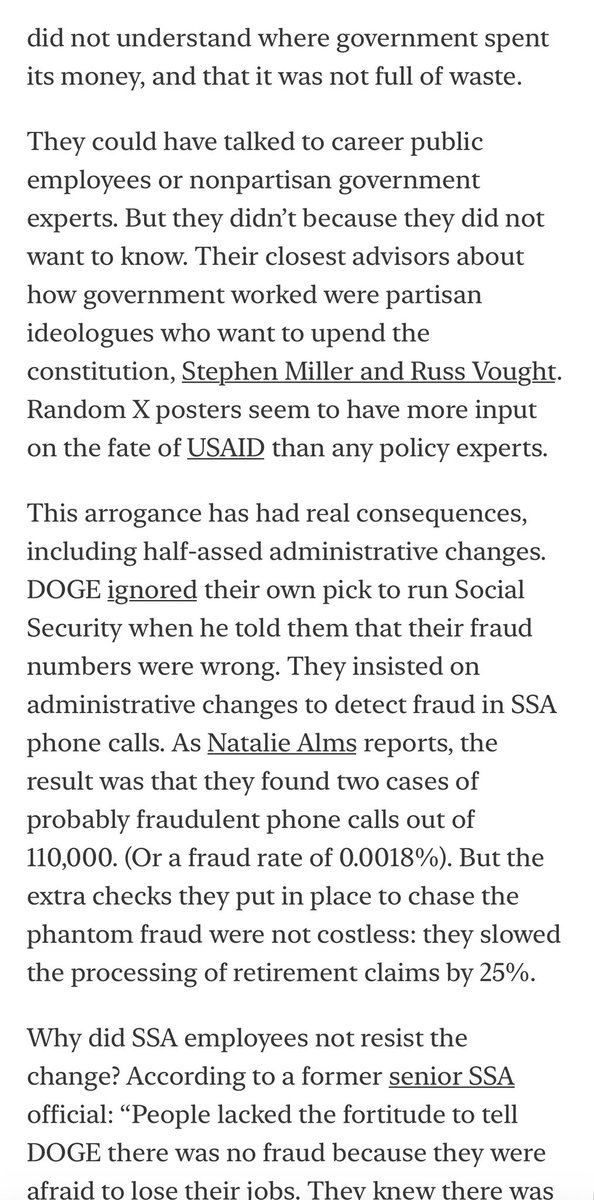 Startup founder goes to work for DOGE, finds that government works basically fine and it’s hard to find easy ways to improve it.

They found practically no fraud in Social Security.

No one has done more to improve the reputation of the federal government than Elon Musk.