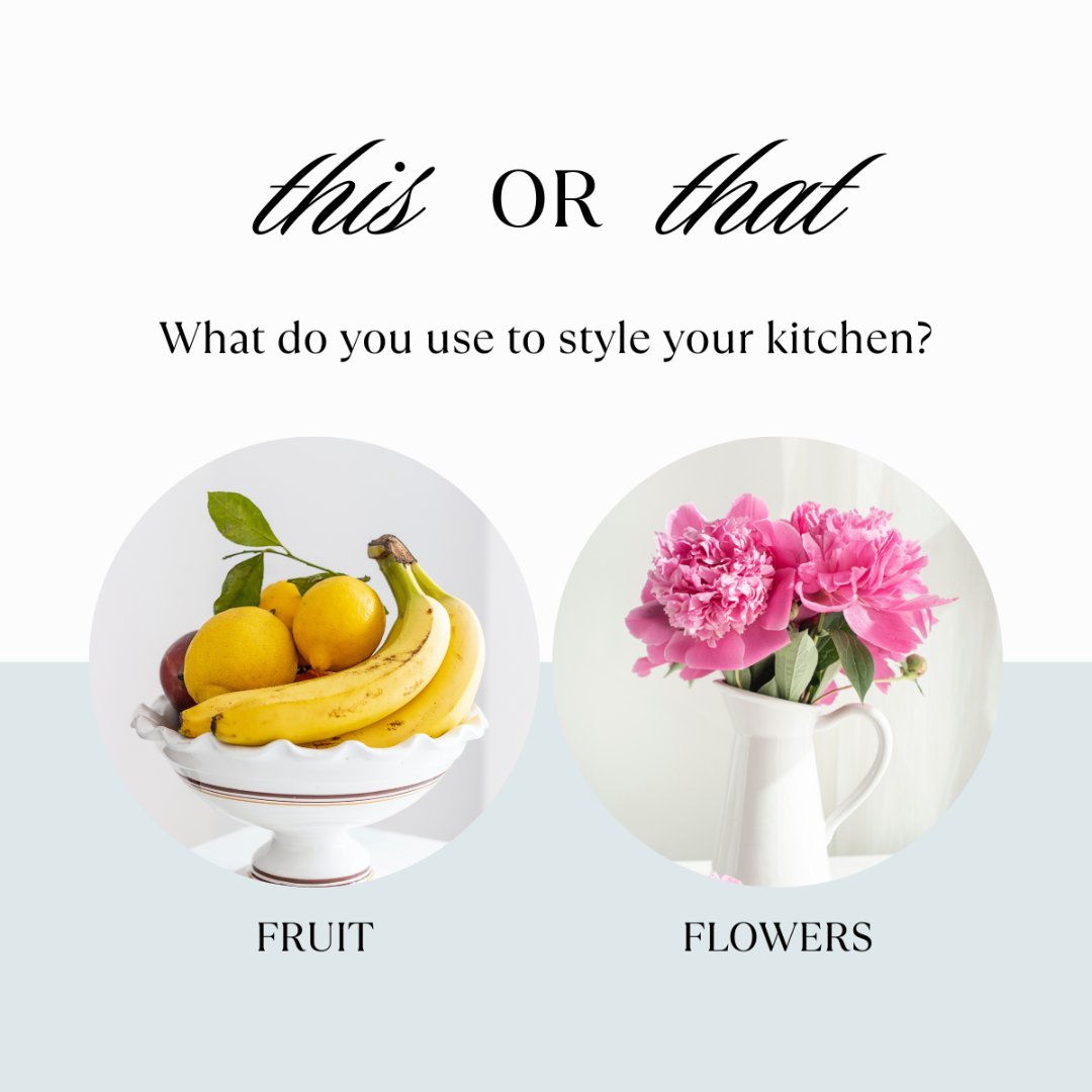 When it comes to styling your kitchen, what’s your go-to touch of charm?
🍋 A beautiful bowl of fruit that adds a pop of vibrance
🌸 A fresh bouquet of flowers for a soft, fragrant finish

Both add personality—so which one speaks to your style? Let us know in the comments!