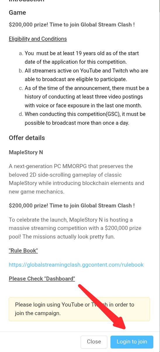 > then Read Eligibility and Conditions to join the Event > (Click on details and Make sure to read complete)

>If you are Eligible then Click "Login to Join"

>Now,You can Login Your account.