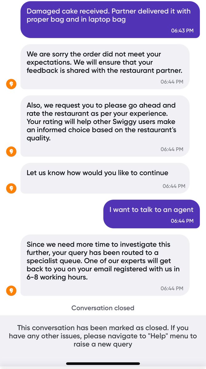 devanshu41292's tweet photo. @SwiggyCares this is how your customer support works now? I received a damaged cake purely because of partner’s fault and now I’ll have to wait for 6-8 hours for your reply?? Great service guys

What should I do with the ruined cake? https://t.co/Nndv25ykZl