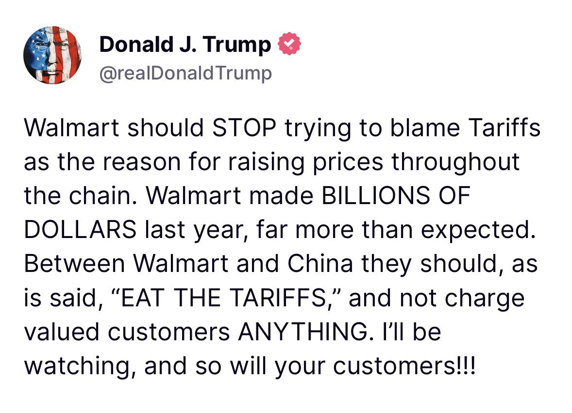Why would Trump expect Walmart to “eat the tariffs” when he’s been promising us that countries pay the tariffs and not American companies? 

Please explain it to me like I’m Sean Duffy at an airport safety for dummies class.