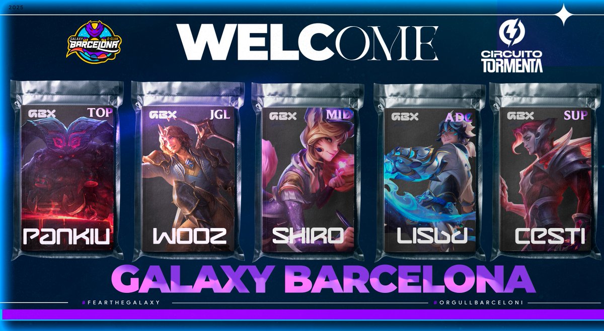 AXIA (@somosaxia) on Twitter photo NUEVO ROSTER DE GALAXY BARCELONA
AXIA X <a href="/GamingBarxelona/">Gaming Barcelona eSports Club</a>
⚔️Toplaner- <a href="/Anticuchito1011/">Pankiu</a>
🌿Jungla- <a href="/wooz_lol/">WØØZ</a>
🪄Midlaner- <a href="/Shirotulador/">Shirotulador</a>
🔫AdCarry- <a href="/Lisbd10/">Lisbd</a>
🛡️Support- <a href="/cestinowo/">cesti veraniego⛱️</a>
🧠Head Coach- <a href="/PeibalGames/">PeibalGames</a>
📝Assistan coach- <a href="/Targash_lol/">Targash</a>
#OrgullBarceloni💙💜 #FearTheGalaxy NUEVO ROSTER DE GALAXY BARCELONA
AXIA X <a href="/GamingBarxelona/">Gaming Barcelona eSports Club</a>
⚔️Toplaner- <a href="/Anticuchito1011/">Pankiu</a>
🌿Jungla- <a href="/wooz_lol/">WØØZ</a>
🪄Midlaner- <a href="/Shirotulador/">Shirotulador</a>
🔫AdCarry- <a href="/Lisbd10/">Lisbd</a>
🛡️Support- <a href="/cestinowo/">cesti veraniego⛱️</a>
🧠Head Coach- <a href="/PeibalGames/">PeibalGames</a>
📝Assistan coach- <a href="/Targash_lol/">Targash</a>
#OrgullBarceloni💙💜 #FearTheGalaxy