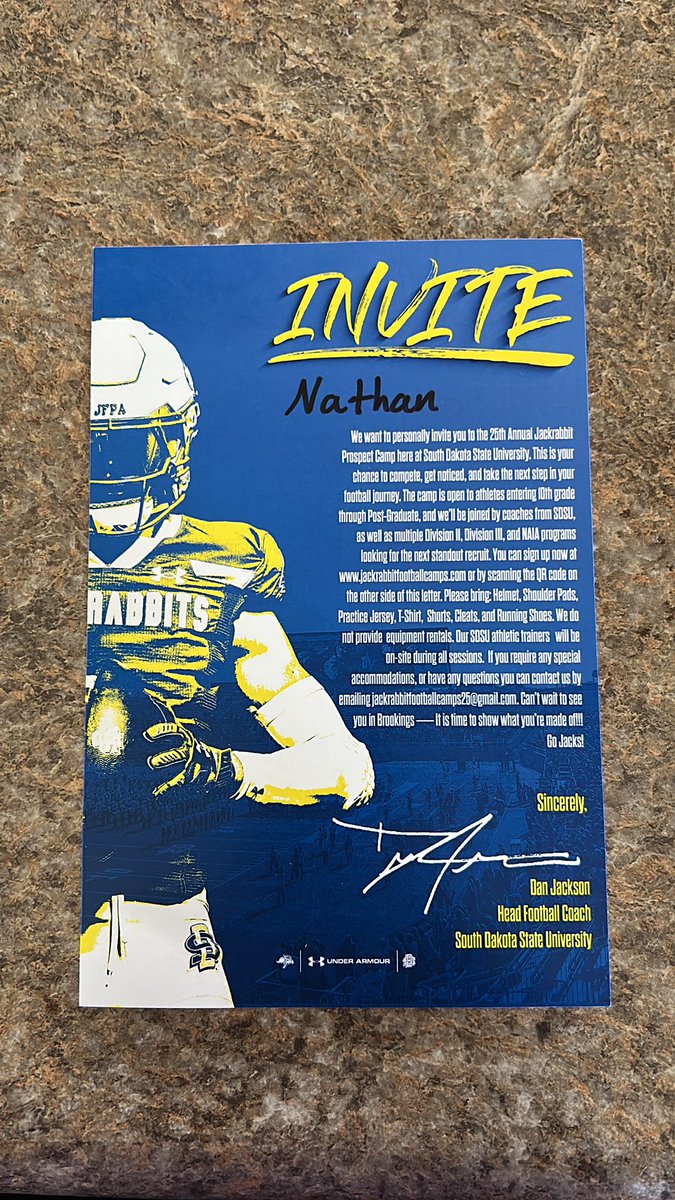 Thank you <a href="/CoachDtjackson/">Dan Jackson</a> and <a href="/GoJacksFB/">SDSU Football</a> for the camp invite exited to get up there June 9th!