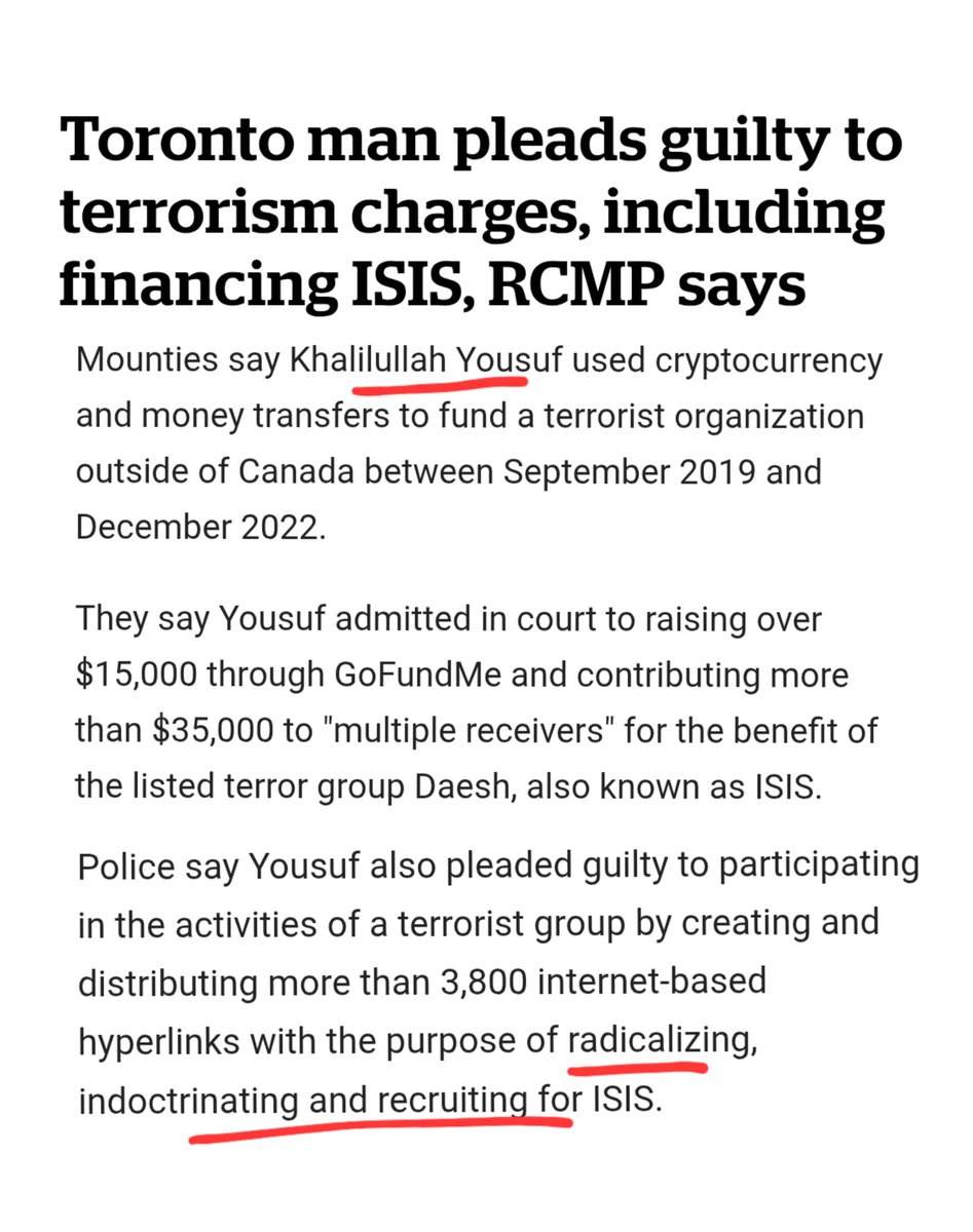 KirkLubimov's tweet photo. A Toronto man, Khalilullah Yousuf, pleads guilty for the largest terrorism financing scheme in Canada's history.

He sent money to ISIS from the pandemic CERB cheques, as well and from fundraising for Gazans, ofcourse.

He also participated in radicalization, recruiting and spreading propaganda for them.

This was also the first crypto and crowdfunding related conviction in Canada.

What's laughable is that $35k is the largest monetary value terrorism conviction in Canada's history. You have to be completely asleep at the wheel not seeing that this is peanuts compared to everything else that is going on.