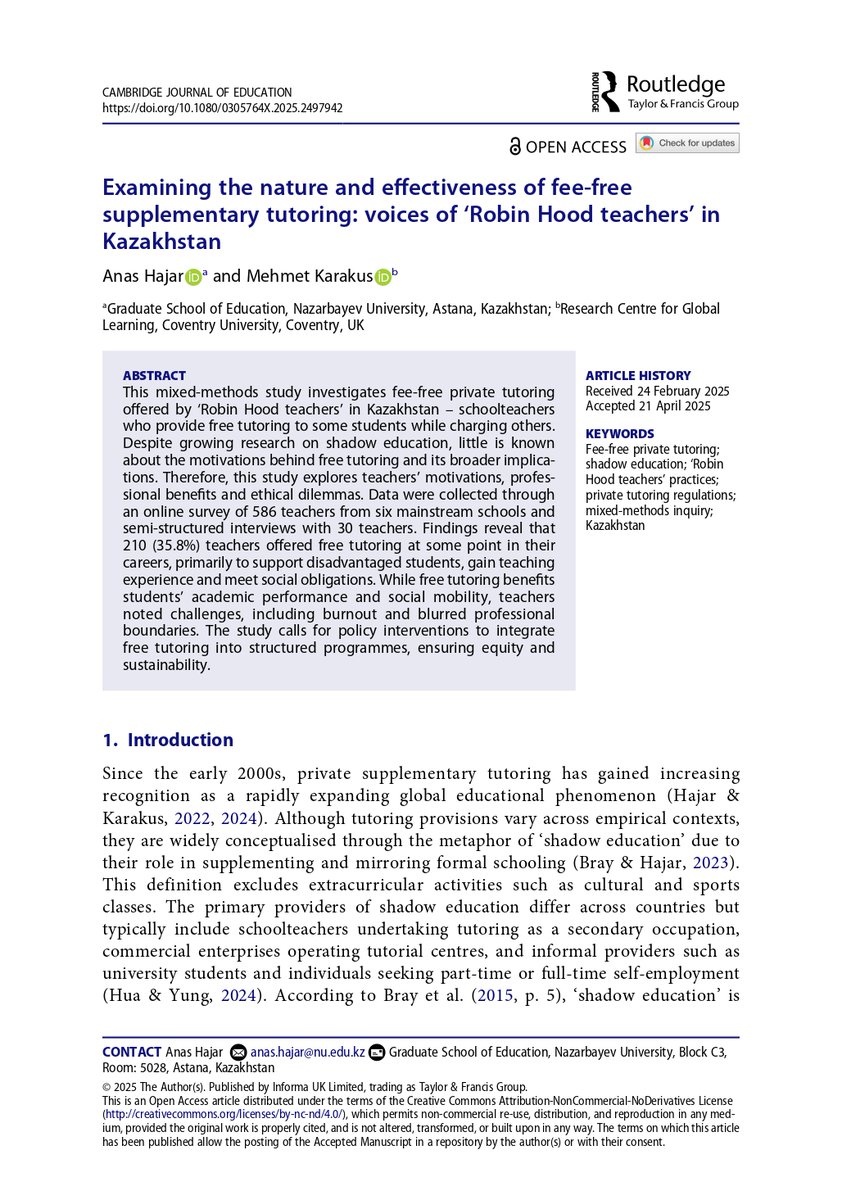 Anas Hajar (@anashajar1) on Twitter photo My article with Dr.Mehmet Karakas "Examining the nature and effectiveness of fee-free supplementary tutoring: voices of ‘Robin Hood teachers’ in Kazakhstan", Cambridge Journal of Education. It's inspired by the work of Dr.Nutsa Kobakhidze <a href="/Nutsako/">Nutsa Kobakhidze</a> doi.org/10.1080/030576… My article with Dr.Mehmet Karakas "Examining the nature and effectiveness of fee-free supplementary tutoring: voices of ‘Robin Hood teachers’ in Kazakhstan", Cambridge Journal of Education. It's inspired by the work of Dr.Nutsa Kobakhidze <a href="/Nutsako/">Nutsa Kobakhidze</a> doi.org/10.1080/030576…