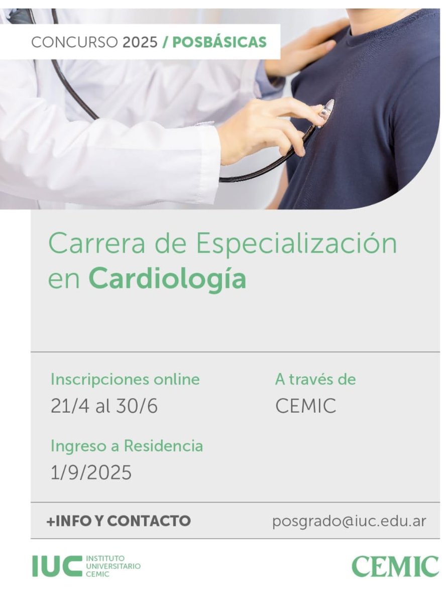 Inscripción Residencia post básica de Cardiologia CEMIC

+Info y contacto posgrado@iuc.edu.ar

#IUC
#CONEAU