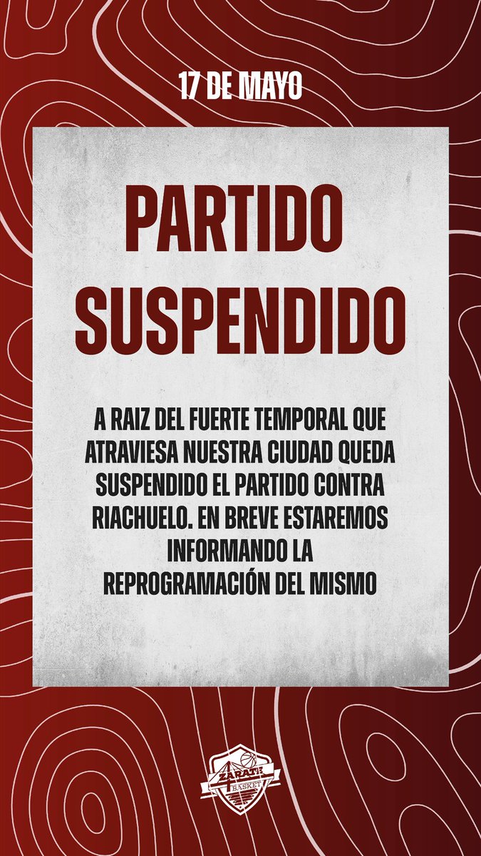 zarate_basket's tweet photo. 🔊 INFORMAMOS
Debido a la situación que atraviesa nuestra ciudad, el partido frente a @clubriachuelo ha sido suspendido.
En breve comunicaremos la nueva fecha del encuentro y brindaremos información sobre las entradas ya adquiridas. https://t.co/5at8MUx1c5