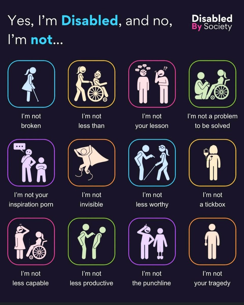 giftedPWDcentre's tweet photo. Powerful message from Disabled By Society! "Yes, I'm Disabled, and no, I'm not..." any of these limiting labels. Let's see each other for who we truly are. #DisabilityRights #RespectPWDS #IAMGCC #GCCAwareness https://t.co/WRxeOkYzYX