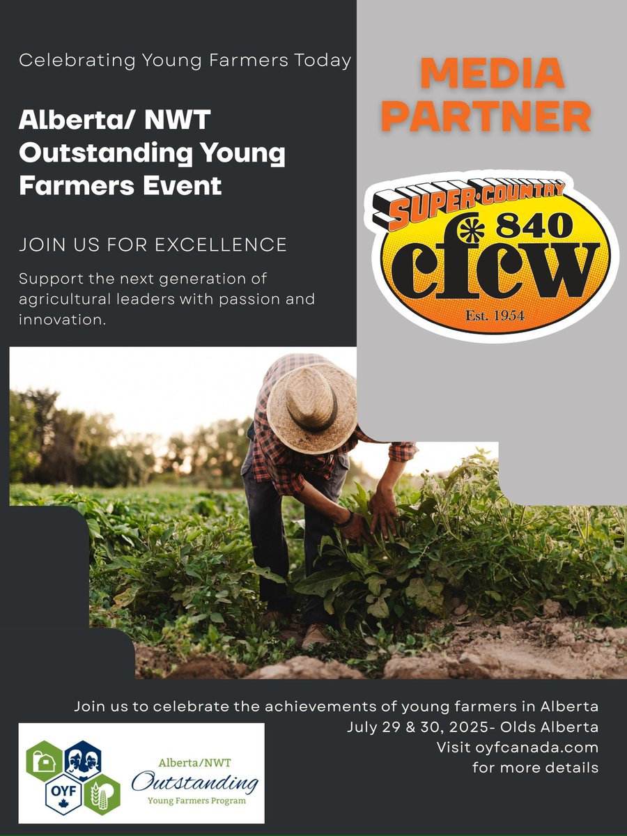 What’s your favourite radio station!? I know ours is <a href="/840CFCW/">840 CFCW</a> , the official media partner of Alberta’s Outstanding Young Farmers! 

Tune in for the Alberta Ag show 12-1. 

Want to attend the Alberta OYF event? Email oyf2016@gmail.com or visit oyfcanada.com.