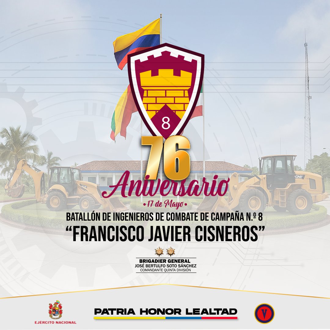 Ejercito_Div5's tweet photo. #Hoy | nos unimos a la celebración de los 76 años del Batallón de Ingenieros, Francisco Javier Cisneros, unidad comprometida con la seguridad y tranquilidad del departamento del Quindío.

Rogamos a Dios, que continúe bendiciendo a los hombres y mujeres que integran esta unidad.
#PatriaHonorLealtad