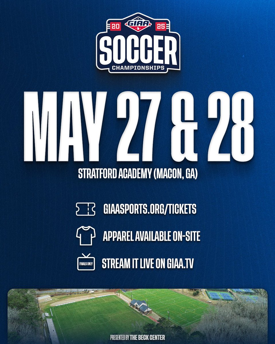 Mark those calendars! Almost time for the 2025 Soccer Championships presented by The Beck Center 🚨

🗓️ May 27 &amp; 28, 2025
📍 Stratford Academy (Macon)
🎟️ giaasports.org/tickets
👕 Available on-site
📺️ giaa.tv (Finals Only)

#GoGIAA