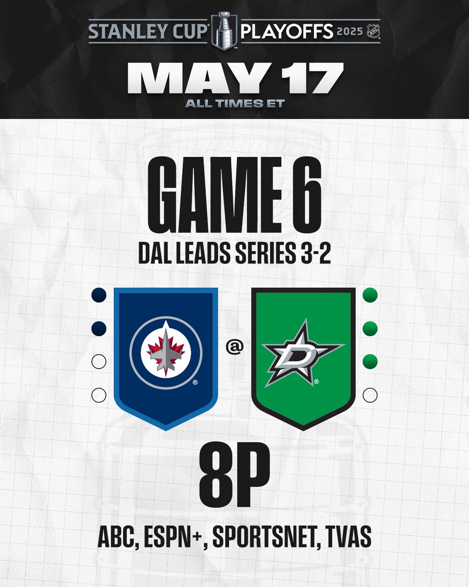NHL (@nhl) on Twitter photo Will the Stars advance to the Western Conference Final tonight? Or will the Jets stave off elimination and force #Game7 back on home ice? 🤔 #StanleyCup
Don't miss Game 6 between the <a href="/NHLJets/">Winnipeg Jets</a> and <a href="/DallasStars/">X - Dallas Stars</a> TONIGHT at 8p ET on ABC, <a href="/ESPNPlus/">ESPN+</a>, <a href="/Sportsnet/">Sportsnet</a>, and <a href="/TVASports/">TVA Sports</a>! Will the Stars advance to the Western Conference Final tonight? Or will the Jets stave off elimination and force #Game7 back on home ice? 🤔 #StanleyCup
Don't miss Game 6 between the <a href="/NHLJets/">Winnipeg Jets</a> and <a href="/DallasStars/">X - Dallas Stars</a> TONIGHT at 8p ET on ABC, <a href="/ESPNPlus/">ESPN+</a>, <a href="/Sportsnet/">Sportsnet</a>, and <a href="/TVASports/">TVA Sports</a>!