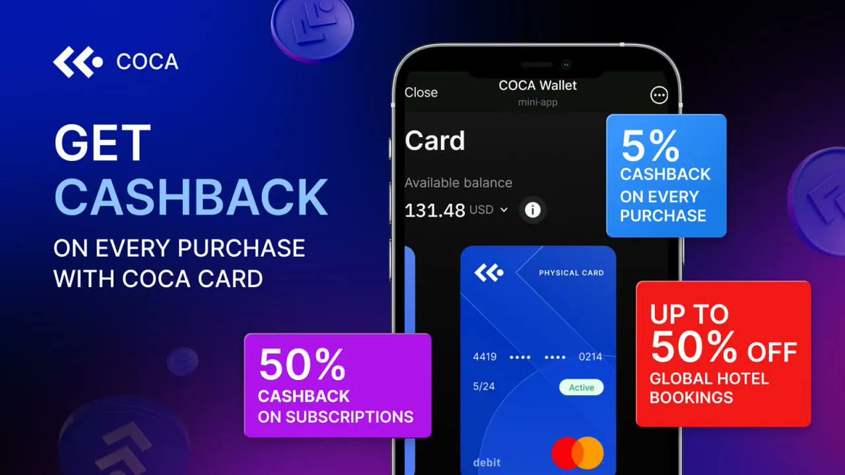 Get up to 50% cashback with the COCA Card — order your free virtual card  for a limited time ✨ 📅 Until further notice 🌍 EEA only Use crypto for  everyday spending