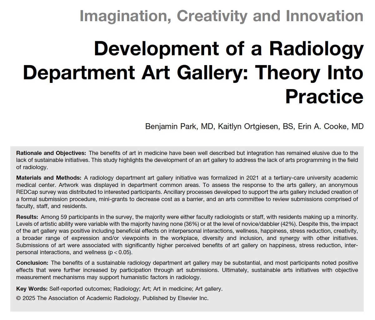 ErinCookeMD's tweet photo. Thanks @AcadRadiol for the opportunity to share the evolution of #VanderbiltRadiology art gallery &amp; 🙏 to the artists! For those who asked how - hoping this inspires! Congrats co-authors VUMC #futureradres Ben Park MD @VUmedicine MSII Kaitlyn Ortgiesen! 🎨https://t.co/huHuTA9CYL https://t.co/pibLGe3h2x
