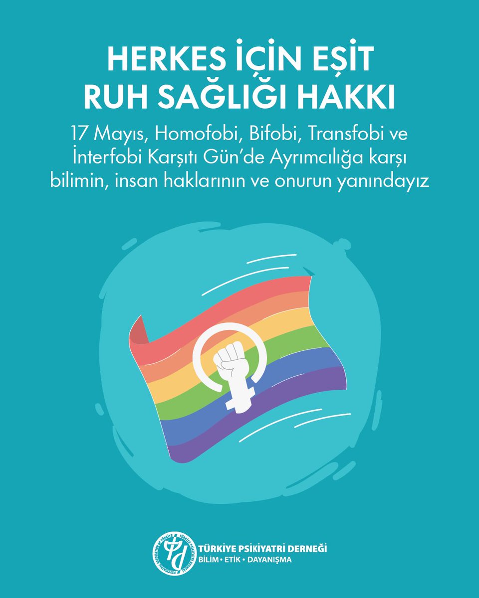 17 Mayıs Homofobi, Transfobi, Bifobi ve İnterfobi Karşıtı Gün’de Türkiye Psikiyatri Derneği olarak, her türlü ayrımcılığın karşısında; bilimin, insan haklarının ve onurun yanında duruyoruz. Toplumun her kesimi için erişilebilir, kapsayıcı ve eşit bir ruh sağlığı hizmeti temel bir