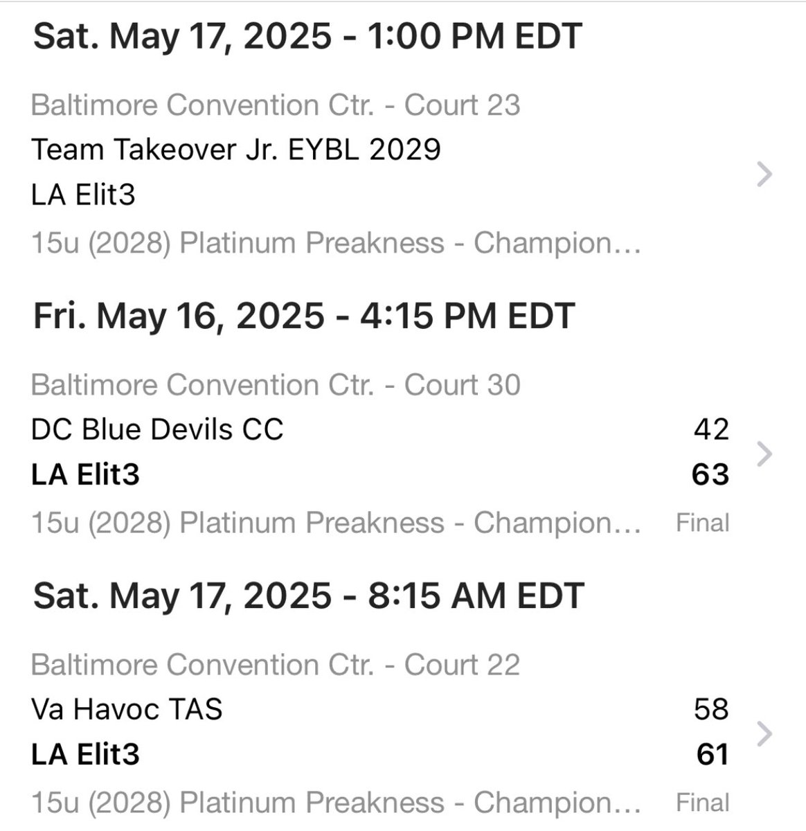LA_ELIT3's tweet photo. 15U DeMarco defeats VA Havoc TAS 61-58 ⁦@madehoops⁩ DMV Live. Next up, a matchup this afternoon vs Team Takeover Jr. EYBL at 1:00pm on Court 23 #LAE🏀 https://t.co/DGZPNqzHrJ