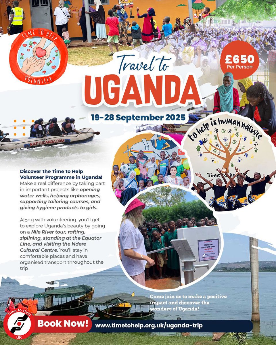 Join us for an unforgettable Volunteer Trip to Uganda! 🇺🇬 
📅 WHEN? 19-28 September 2025

❓WHAT?
✋ Volunteering
🌍 Cultural Exploration
🦎 Crocodile Farm Tour
🌊 White-Water Rafting

Projects support local communities through:
💧 Clean water (well openings)
🏡 Orphanage visits