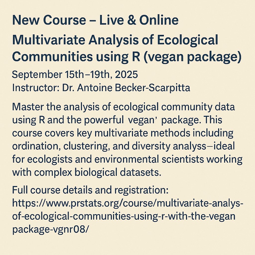 pr_stats's tweet photo. New Course – Live &amp; Online Multivariate Analysis of Ecological Communities using R  

Registration: https://t.co/qHIkoWVNwc

#Ecology #RStats #DataScience #MultivariateAnalysis #EnvironmentalScience #veganPackage #EcologicalModelling #BiodiversityAnalysis #StatisticalEcology https://t.co/NsHdUsSPhl