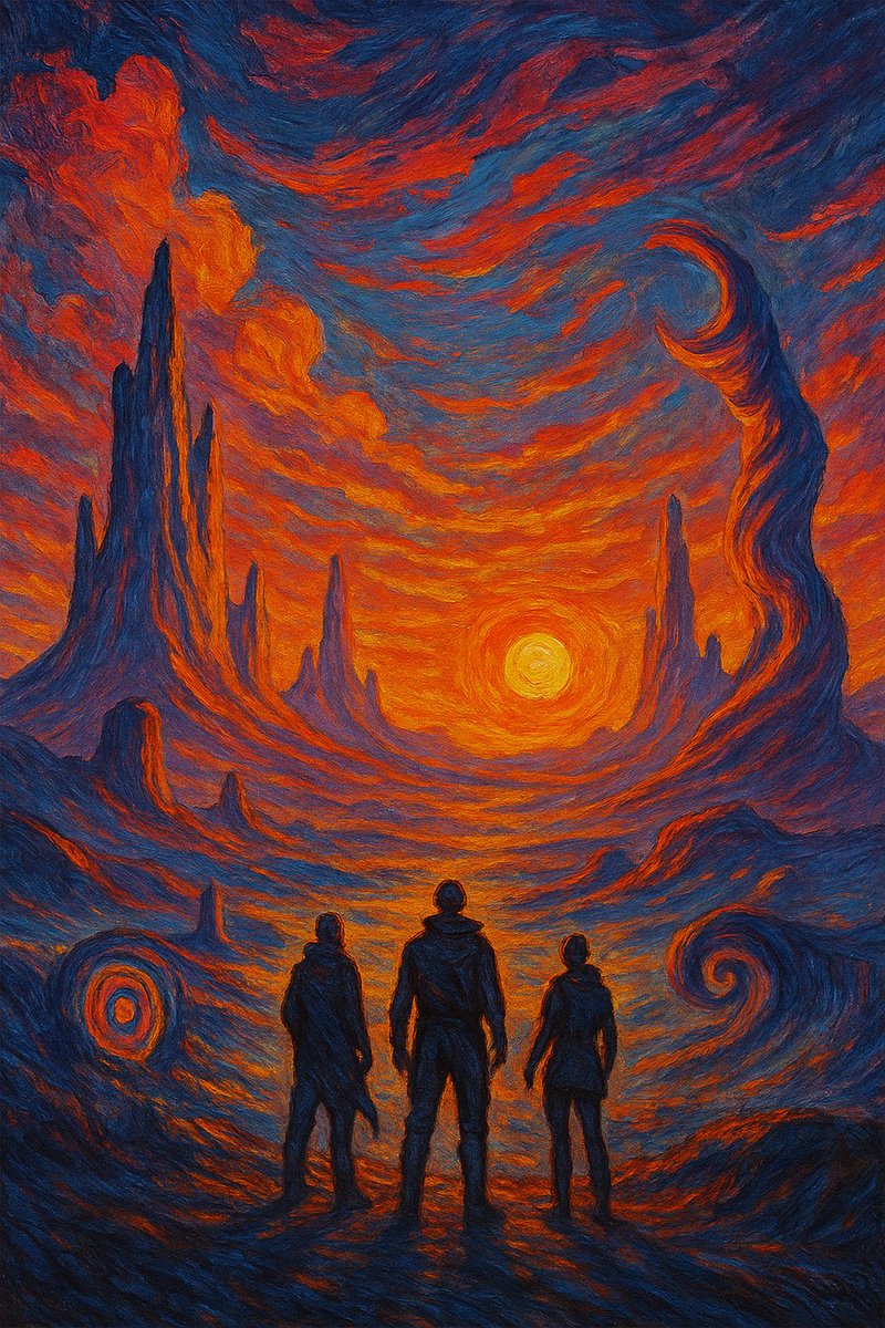Terie_AI's tweet photo. “Alien sunset, epic quest! 🌅🔥 Three explorers, cosmic dash—next stop? #AIArt #CosmicRush” https://t.co/JONnpmsuwF