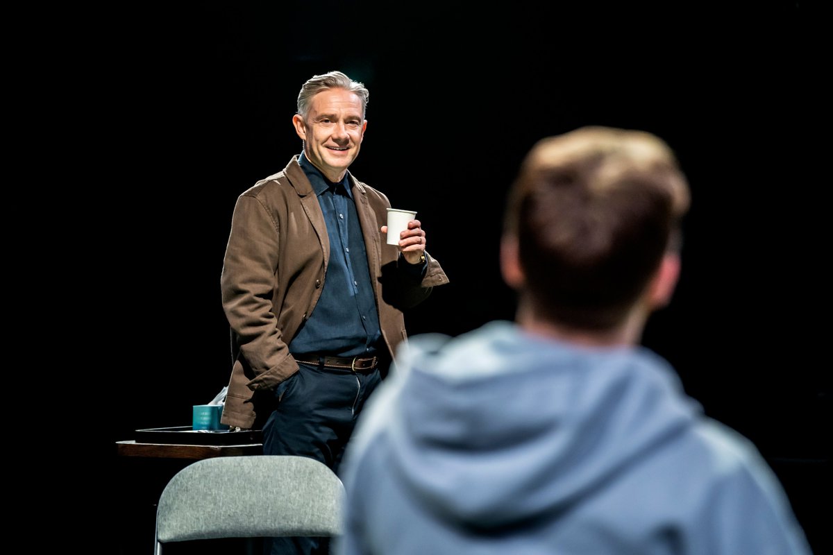 NTSonline's tweet image. “The fifth step, there is a confessional element to it, a sacred element” 
 
We are excited to share pictures of Jack Lowden and Martin Freeman taking to the stage at @sohoplacelondon in David Ireland’s The #FifthStep. Directed by Finn den Hertog

📸 Johan Persson