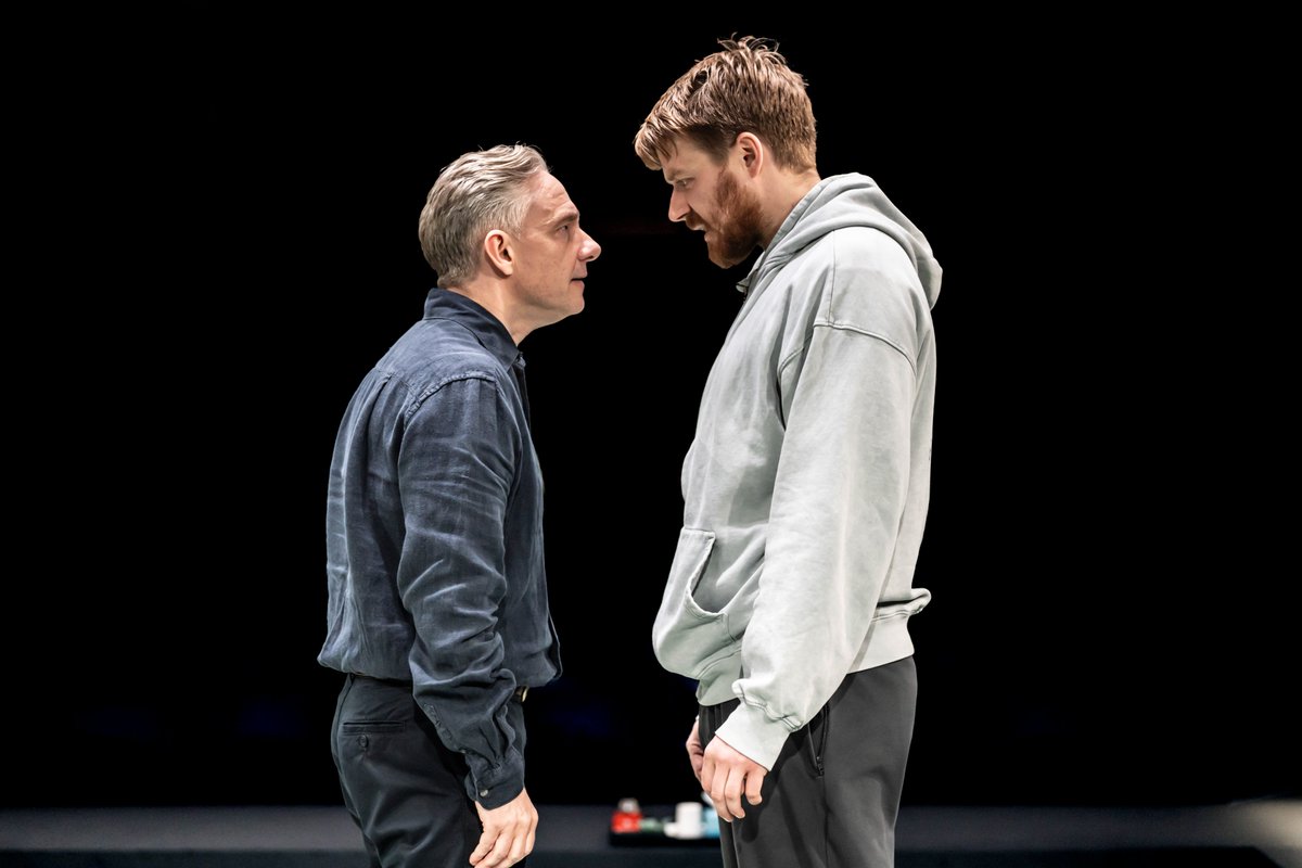 NTSonline's tweet image. “The fifth step, there is a confessional element to it, a sacred element” 
 
We are excited to share pictures of Jack Lowden and Martin Freeman taking to the stage at @sohoplacelondon in David Ireland’s The #FifthStep. Directed by Finn den Hertog

📸 Johan Persson