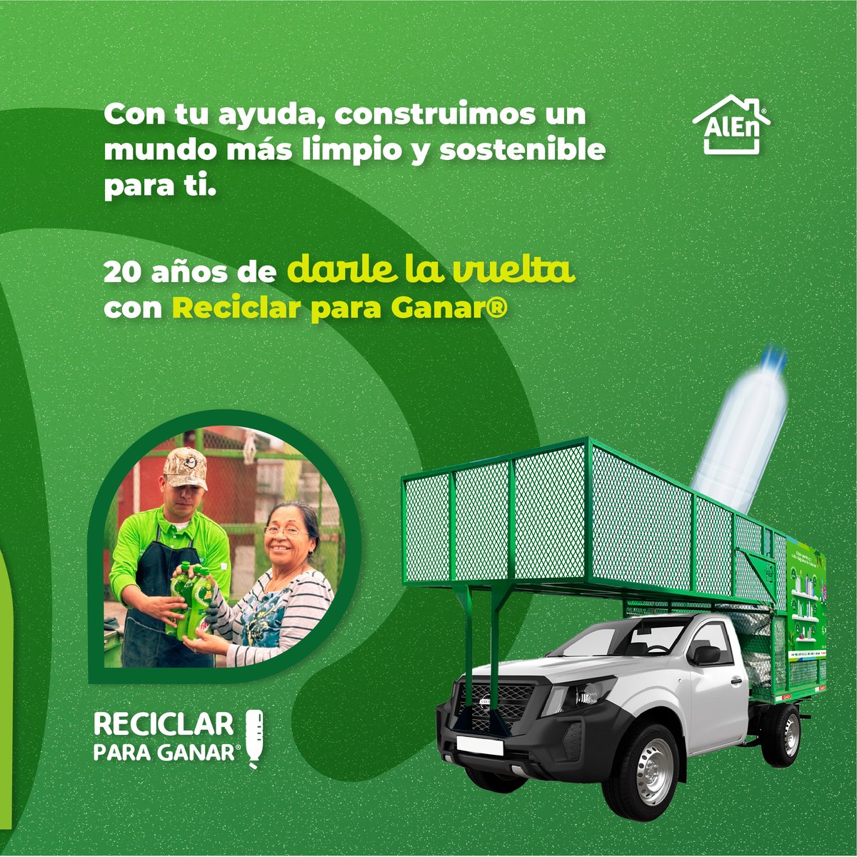 En AlEn llevamos más de 35 años de darle la vuelta a millones de botellas cada año.​  Fuimos pioneros en el reciclaje en México, y hace 20 años lanzamos Reciclar para Ganar®, un programa que transforma botellas en oportunidades para escuelas y comunidades.​  #20AñosReciclando